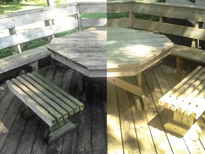 Side-by-side comparison of a wooden outdoor seating area before and after cleaning. The left shows weathered, darkened wood, and the right shows clean, bright wood.