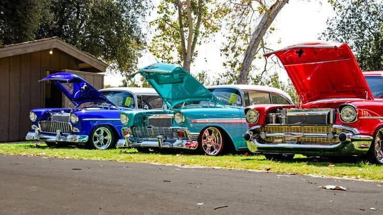 Three vintage cars with open hoods parked on grass in front of a wooden shed, surrounded by trees.