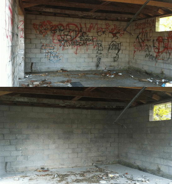 Comparison of a graffiti-covered brick wall before cleaning, and after cleaning, in an abandoned building.