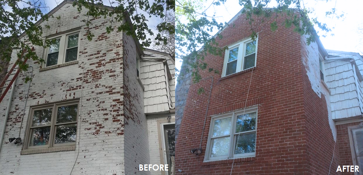 Comparison of a house's exterior before and after brick cleaning: the left side shows a house with peeling white paint and stained bricks, and the right side shows the same house with deep red bricks after cleaning.