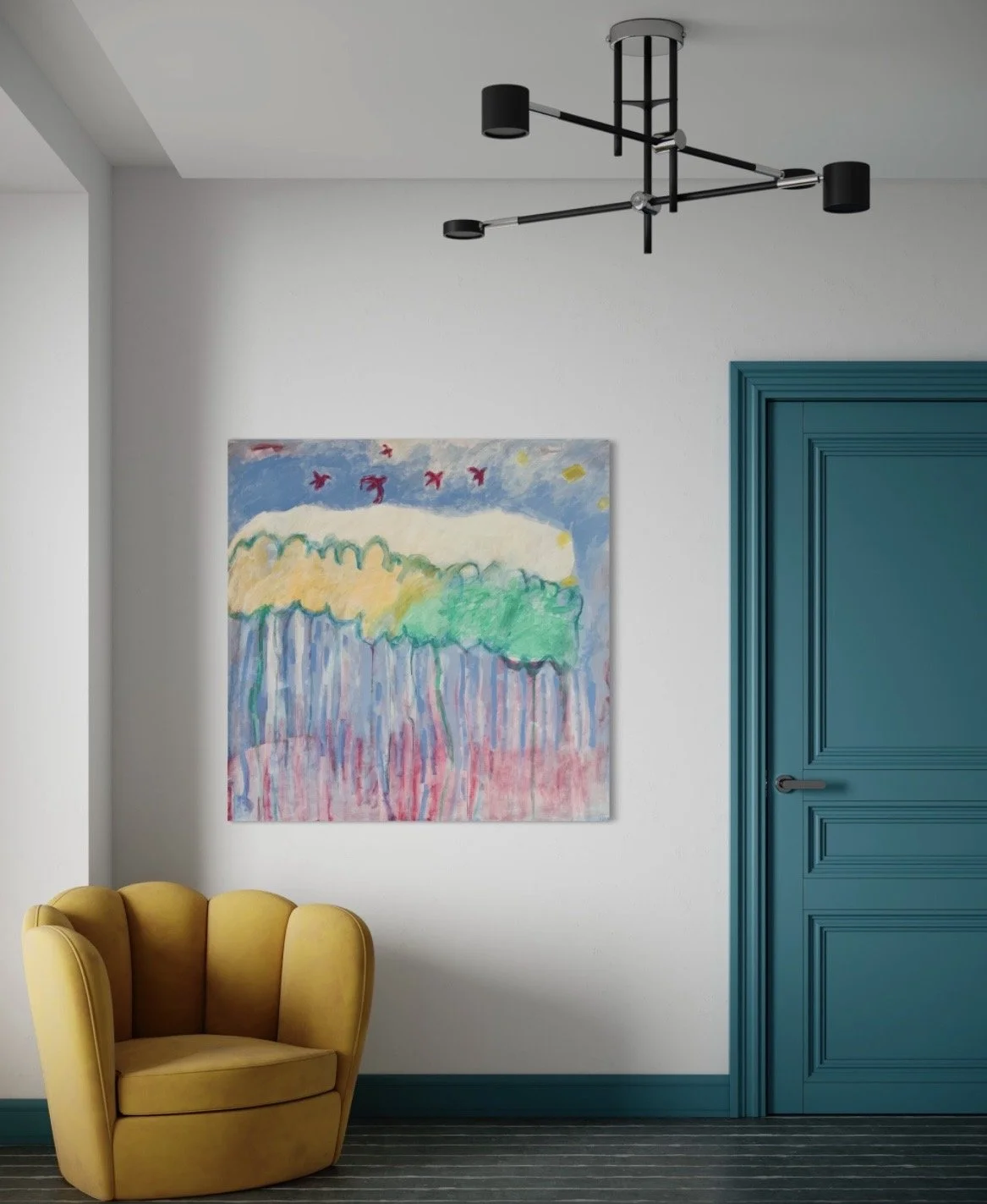 Interior room with a yellow armchair, a colorful abstract painting on the wall, a blue door, and a modern black ceiling light fixture.