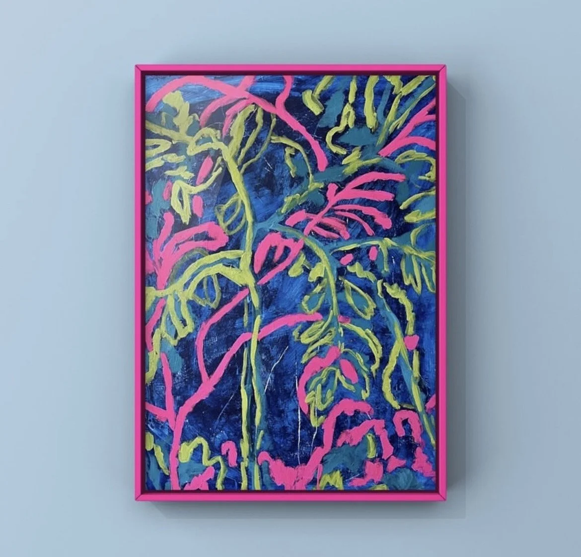 Abstract painting with neon pink and yellow lines on a dark blue background in a pink frame.