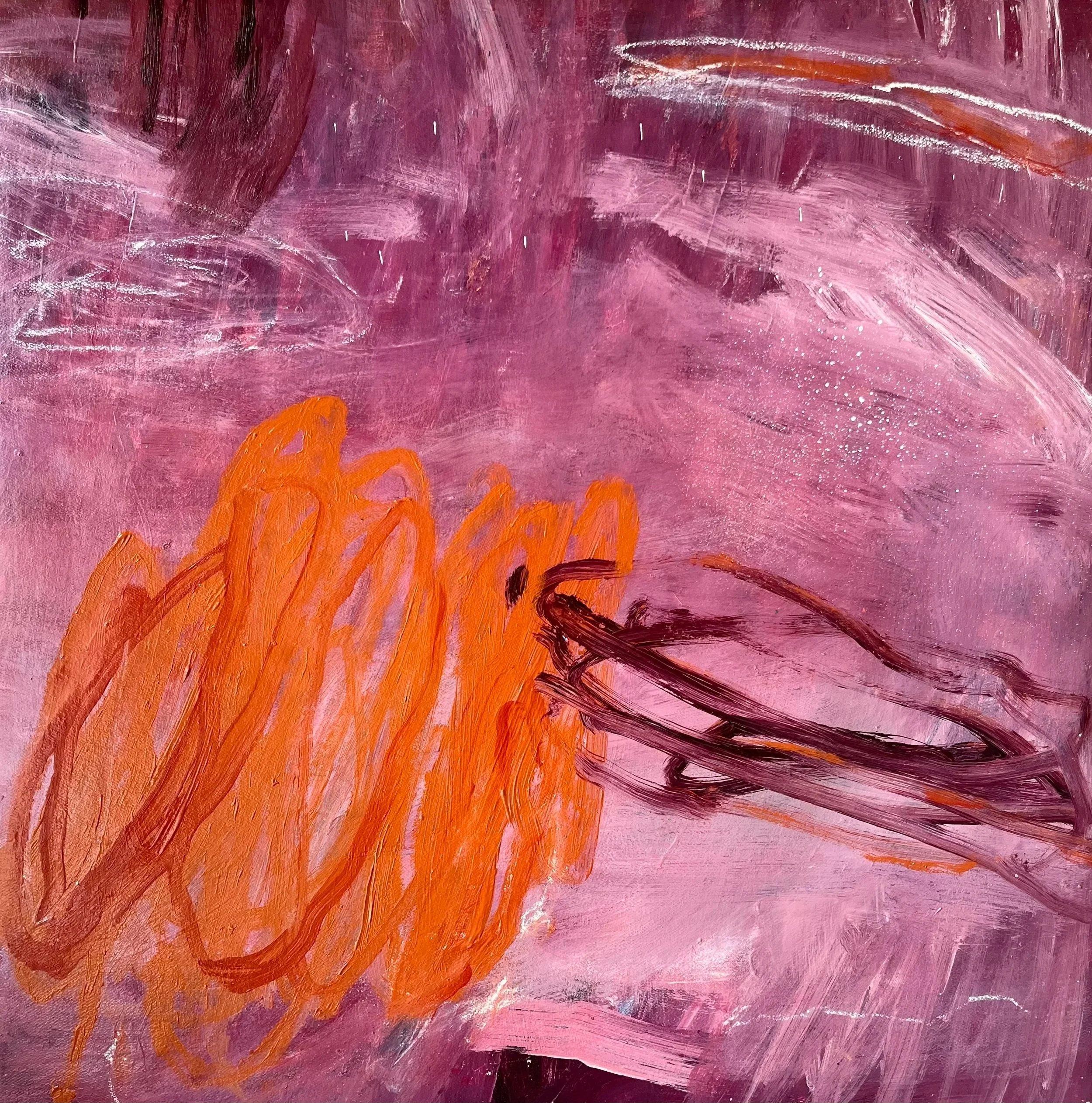 Abstract painting with pink, purple, orange, and black brushstrokes.