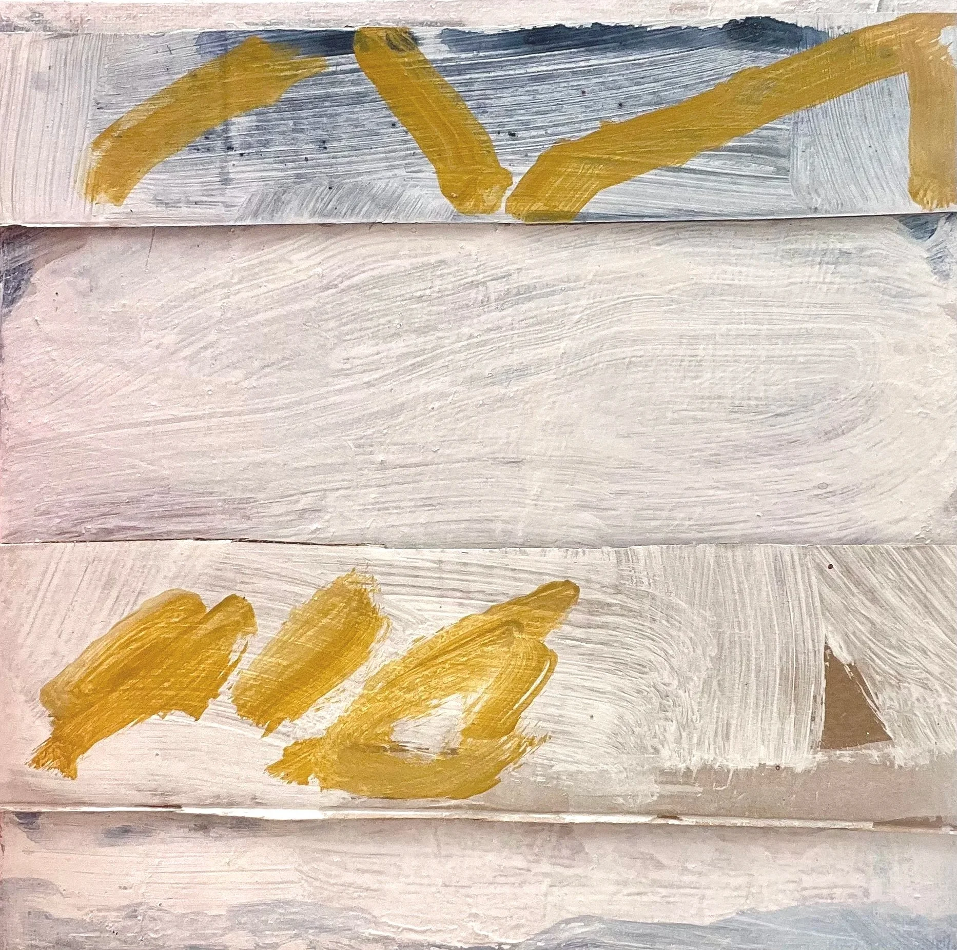 Close-up of a painted surface with regular horizontal striping in muted pink, gray, white, and yellow colors.