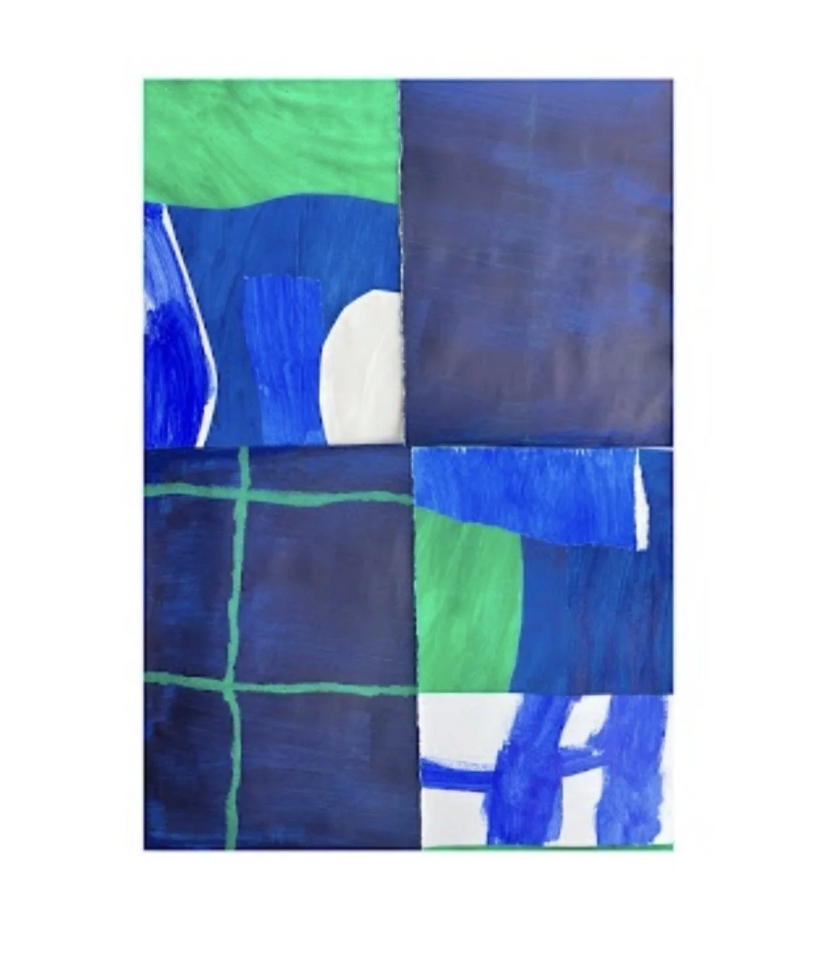 A collage of abstract paintings featuring blue, green, and white colors with various shapes and brushstrokes.