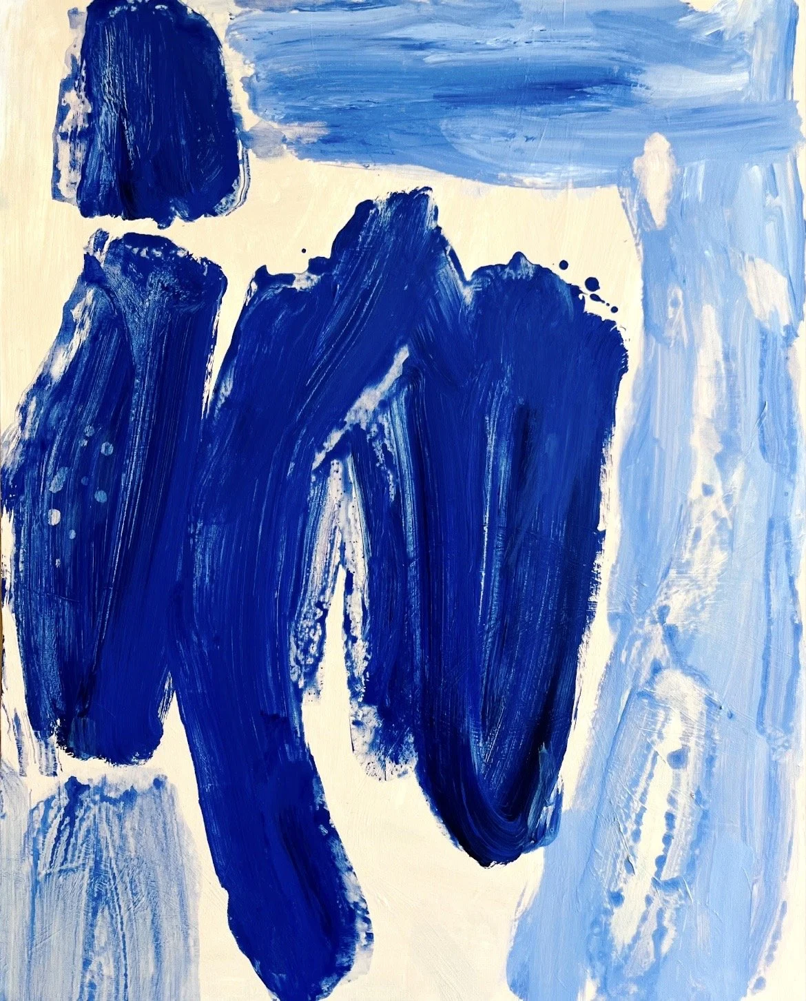 Abstract painting with bold, sweeping strokes of dark and light blue on a white background.