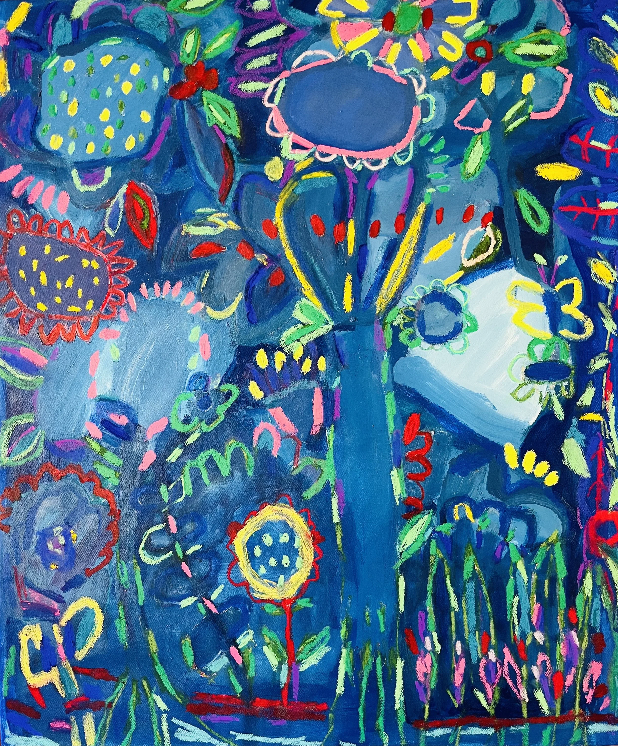 Bright abstract painting with vibrant colors including blue, pink, yellow, green, and red. The artwork features floral and botanical shapes, with stylized flowers and leaves, created using bold, expressive brushstrokes.