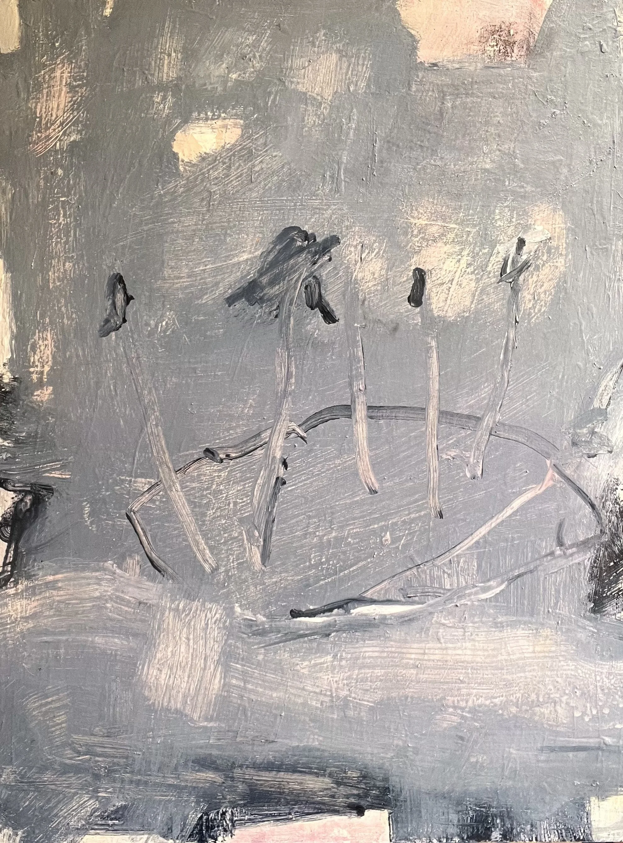 Abstract painting with gray and black brushstrokes, with some faint pink and beige patches, and indistinct black markings.