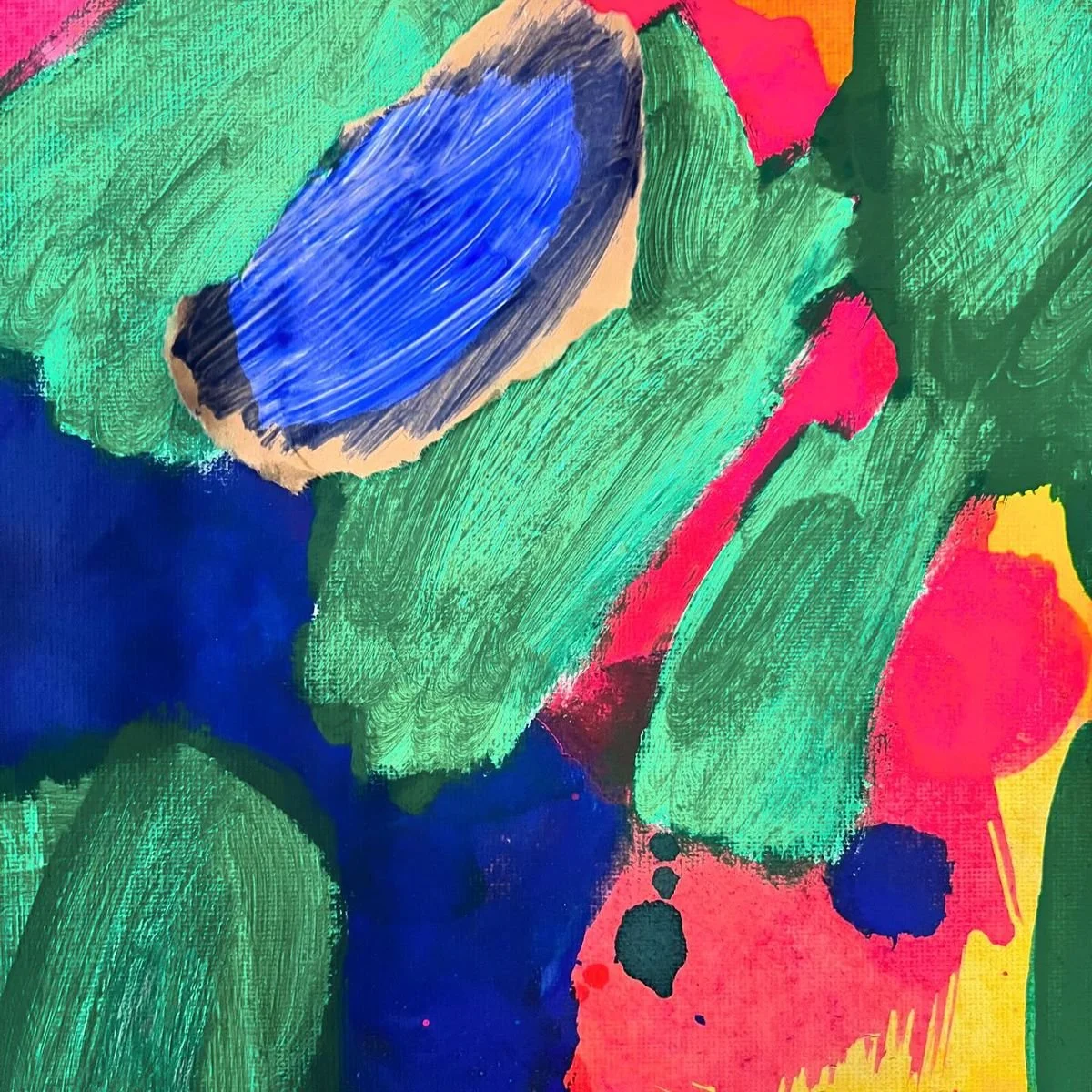 Abstract colorful painting with bold strokes of green, blue, red, yellow, and black.