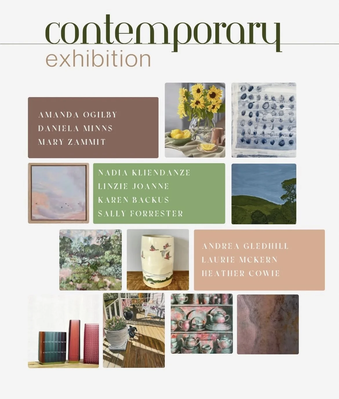 Poster for a contemporary art exhibition featuring artworks by various artists, with titles and images of floral arrangements, landscape paintings, pottery, and decorative objects.