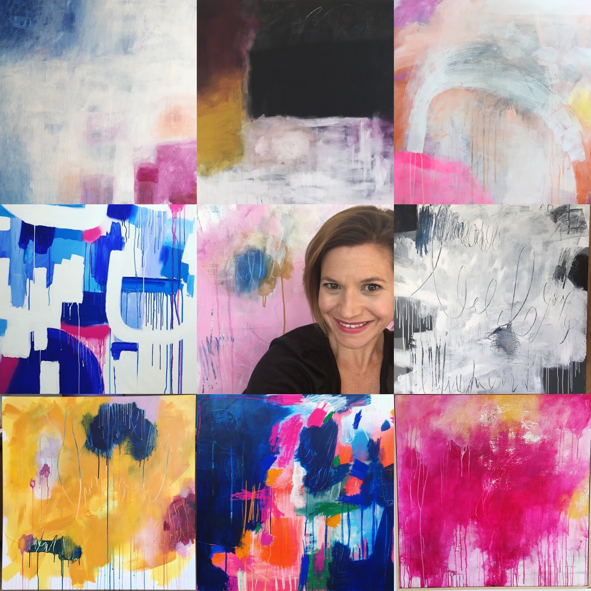 Multiple abstract paintings with vibrant colors, splashes, and drips, along with a woman smiling at the bottom right corner.