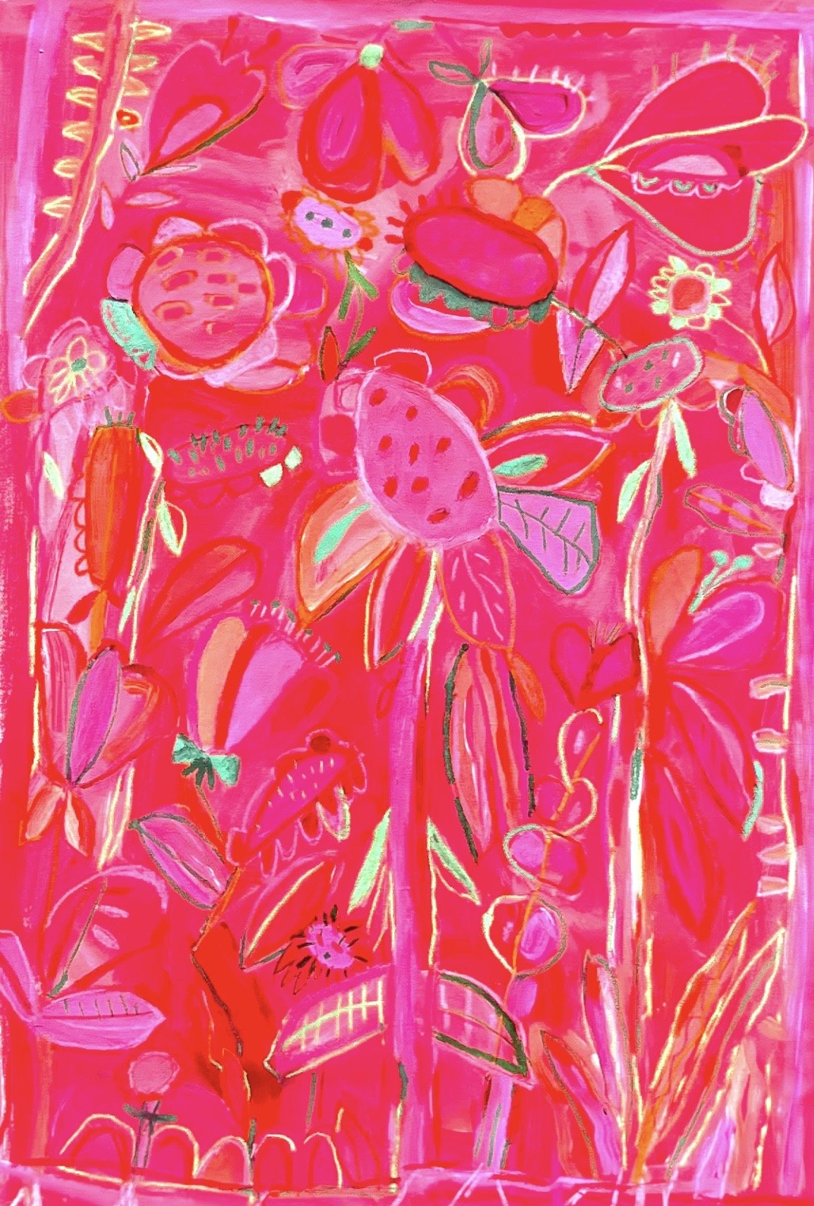 A vibrant, abstract painting of various flowers and leaves in shades of pink, red, orange, and green. The artwork features bold outlines and lively colors with a pink background.