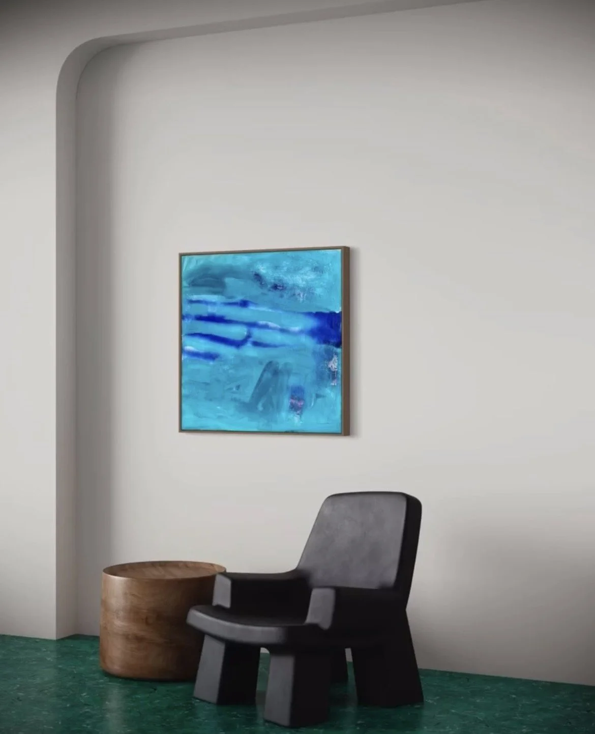 Modern interior featuring a black chair, round wooden side table, abstract blue art on a white wall, and green carpeted floor.