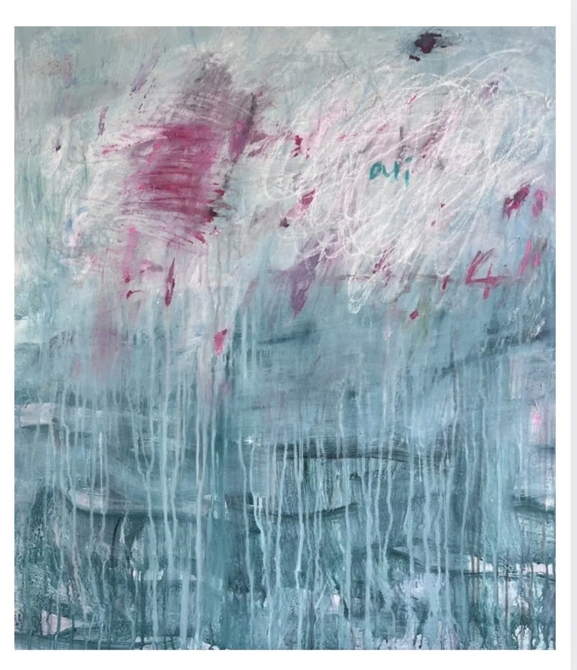 Abstract watercolor painting with shades of blue, pink, purple, and white. Features drips, splashes, and scribbles with the word 'art' written in teal.
