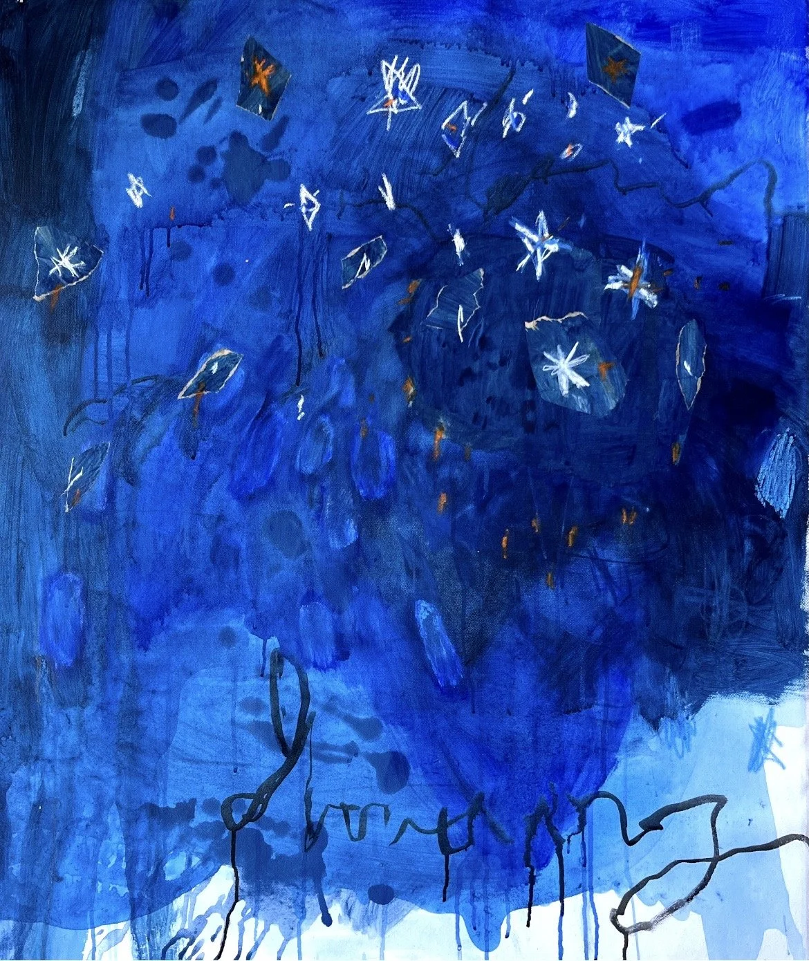 Abstract painting with a deep blue background featuring scattered white star-like shapes and black fragments, with black scribbles and drips at the bottom.