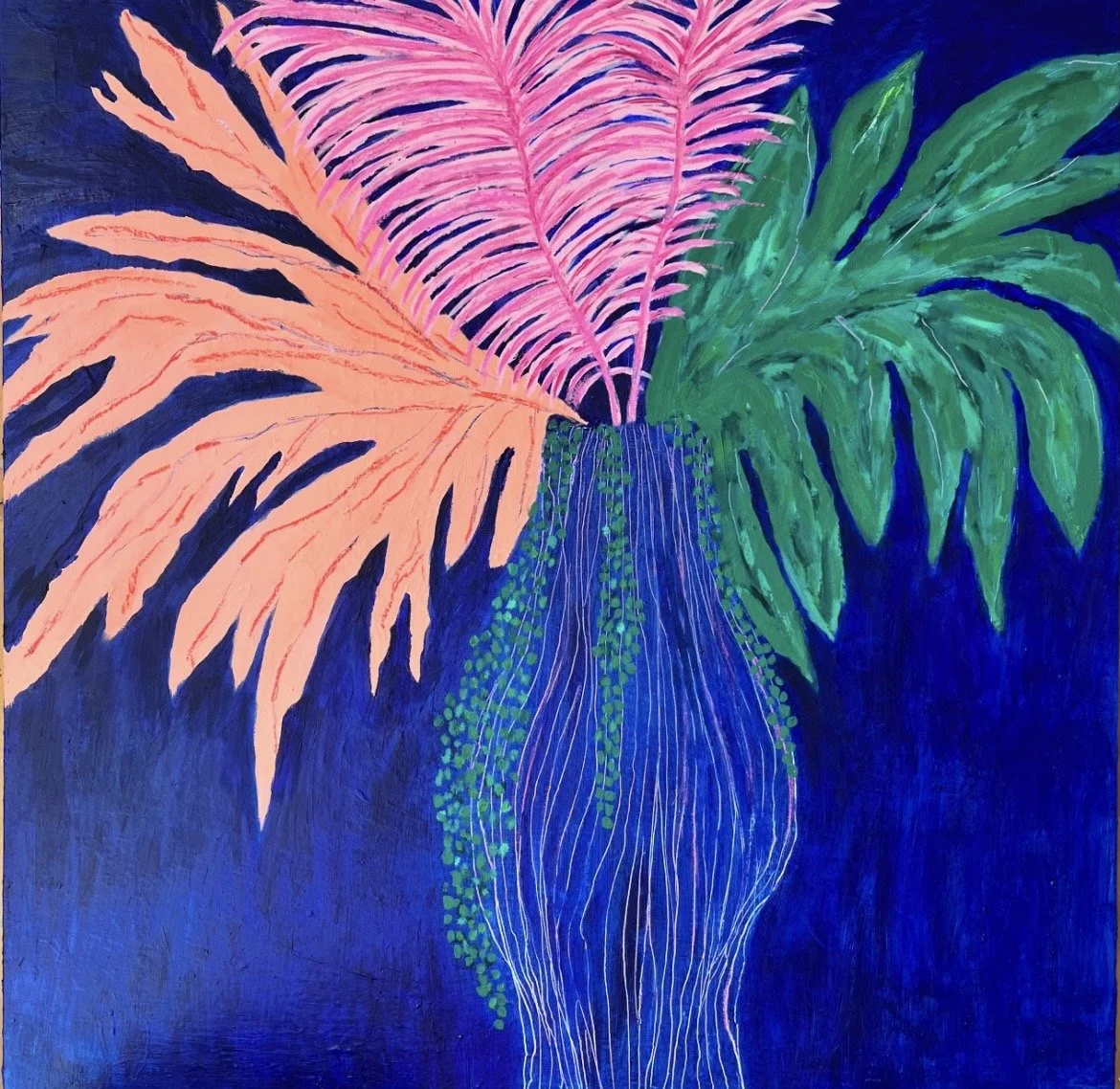 A colorful painting of a bouquet of large tropical leaves in a blue vase with a dark blue background.