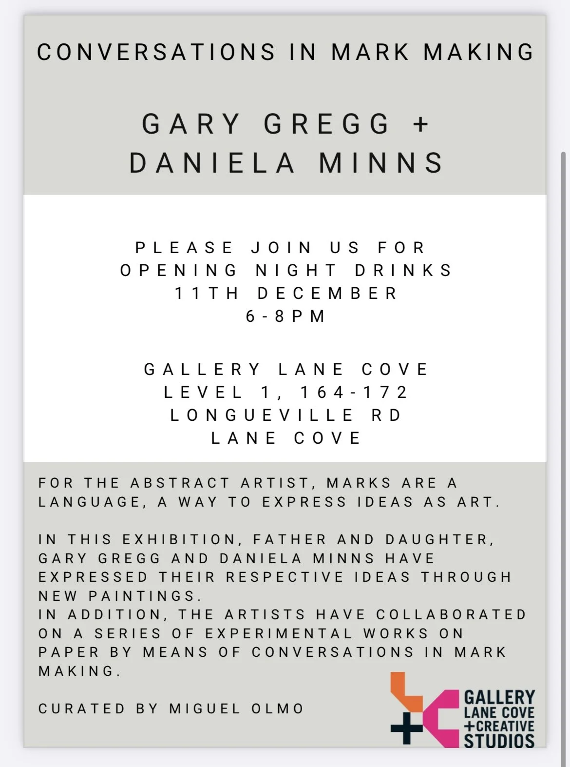 Invitation to an art exhibition titled 'Conversations in Mark Making' featuring works by Gary Gregg and Daniela Minns, opening on December 11th from 6 to 8 PM at Gallery Lane Cove located at Level 1, 164-172 Longueville Rd, Lane Cove. The event empha