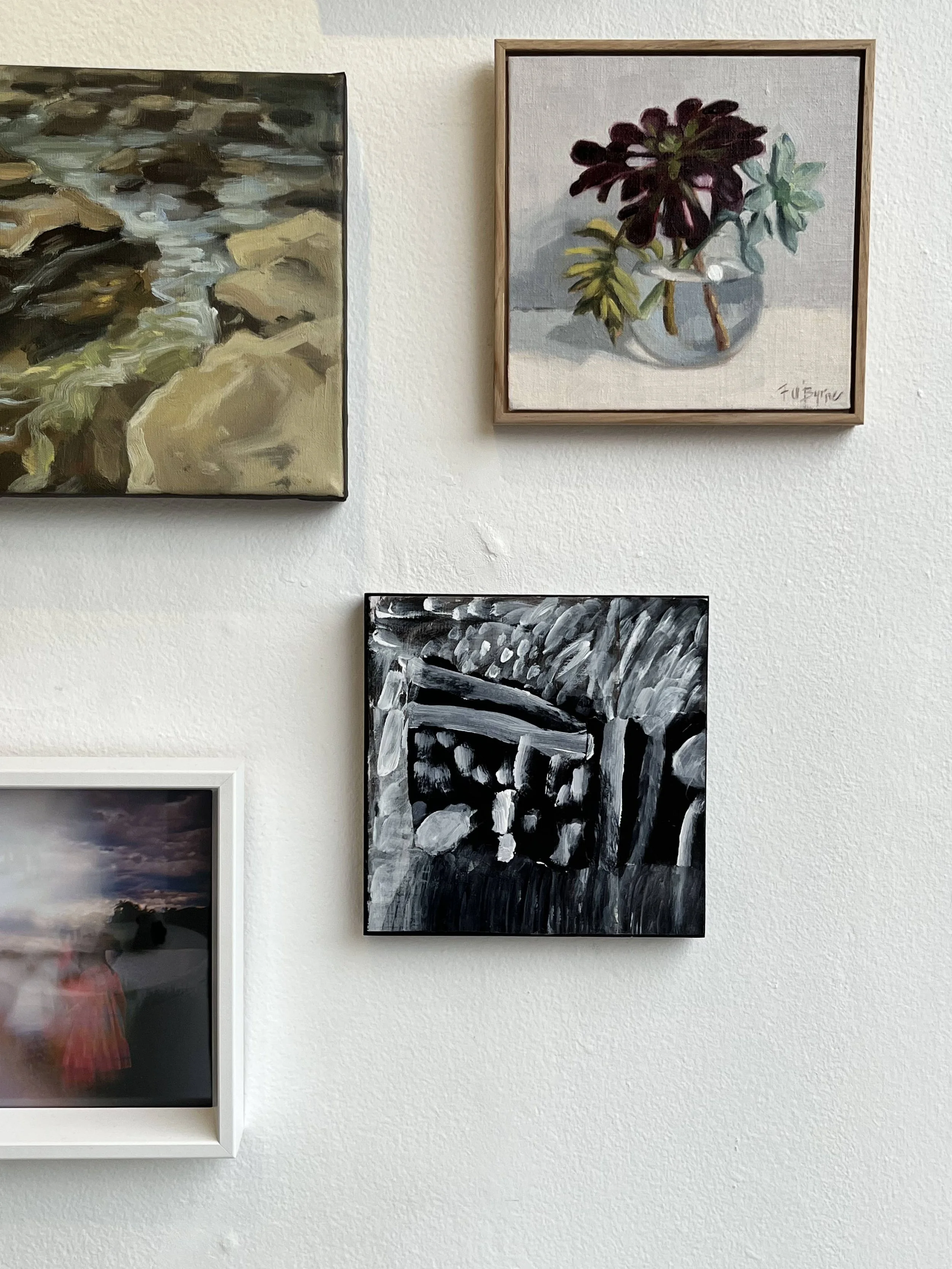 Collection of four framed artworks on a white wall, including a hand-painted floral still life with dark red and green plants in a glass vase, an abstract black and white painting with bold brushstrokes, a landscape photograph featuring a sky with cl