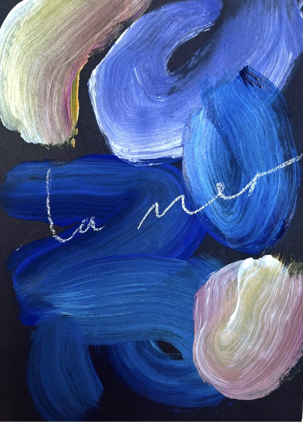 Abstract painting with broad blue, pink, and cream brushstrokes and a white cursive phrase that reads 'la mure' on a black background.