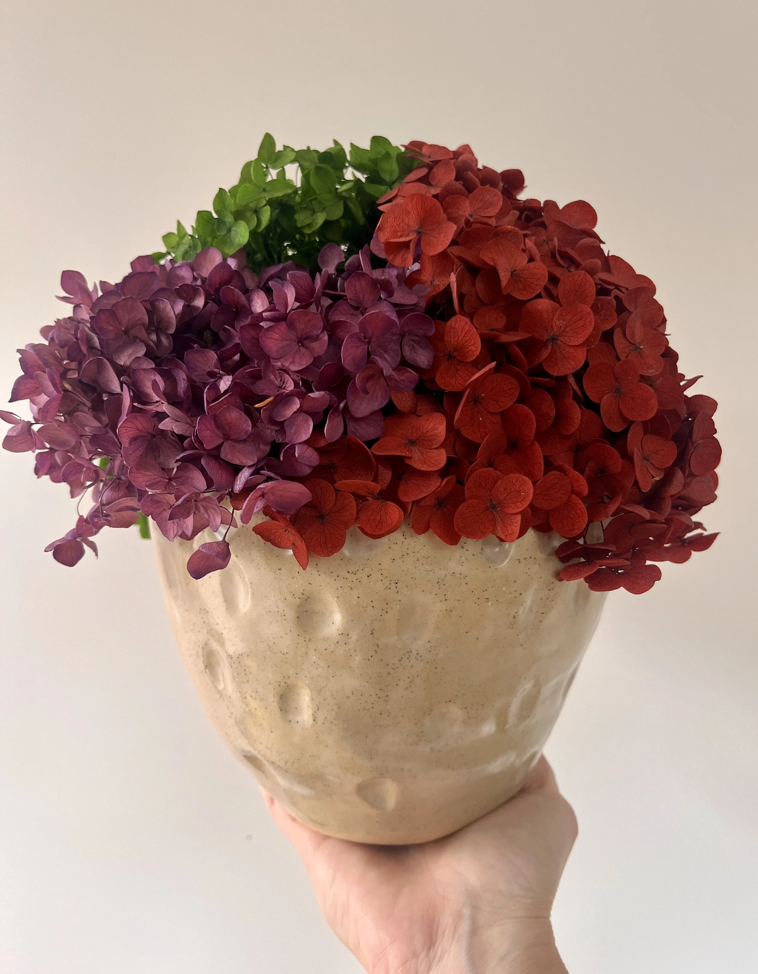 Textured terracotta ceramic vase with preserved flower arrangement