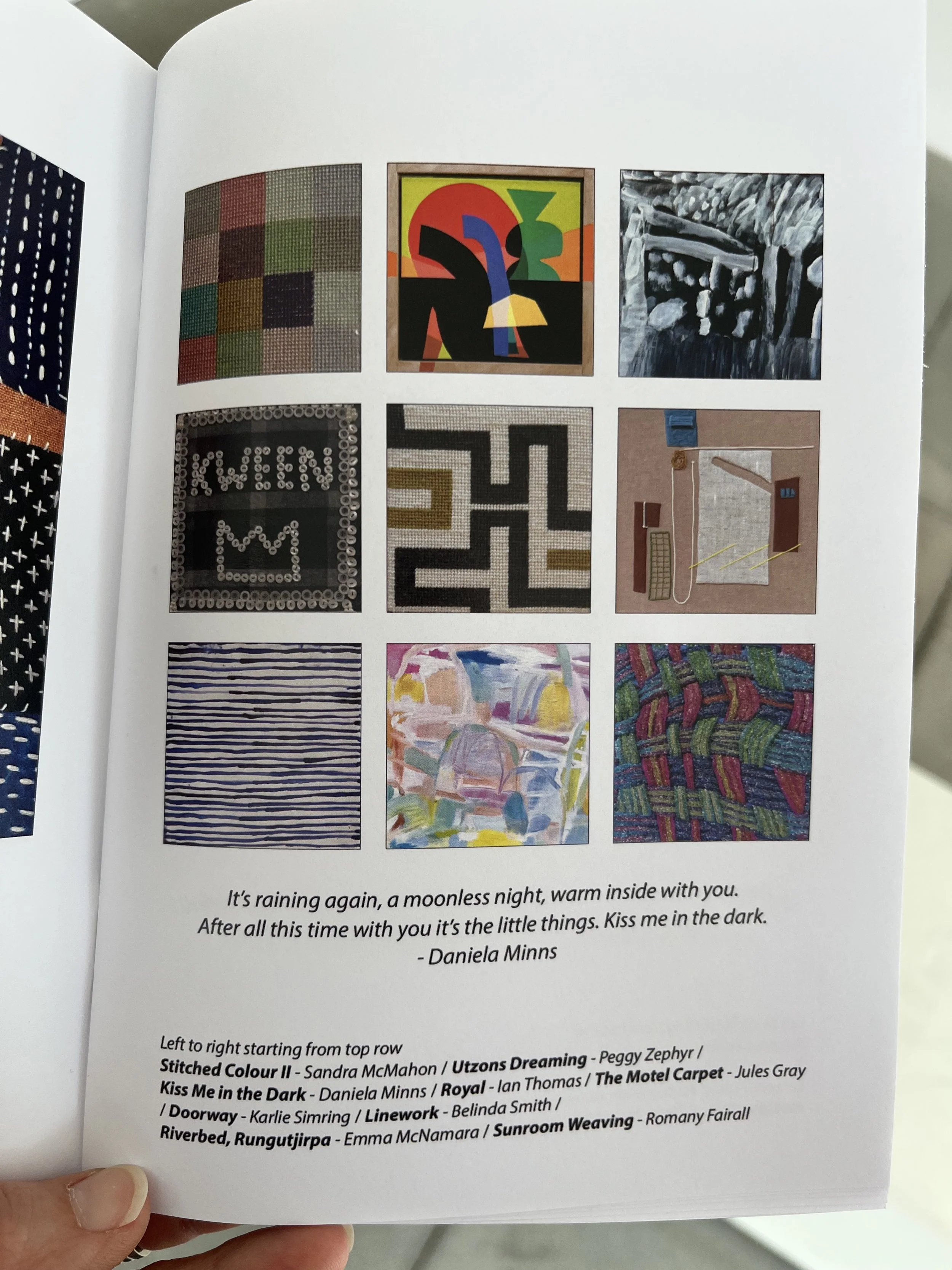 A collage of nine abstract artworks arranged in a 3x3 grid, featuring various colors, patterns, and styles.