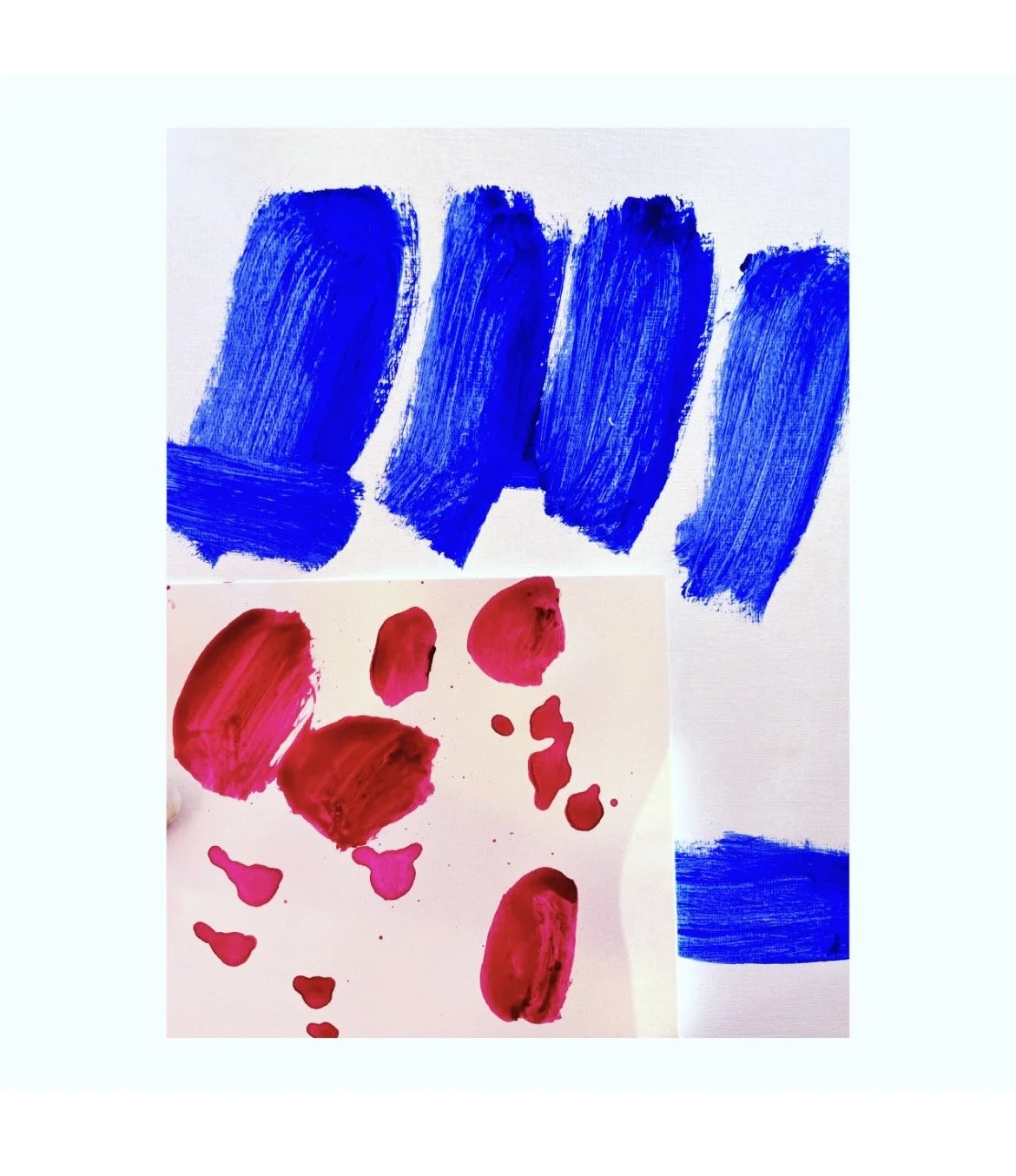 Abstract painting with bold blue brush strokes on white background, red paint splatters on a white sheet, and a blue brush stroke on the bottom right corner.