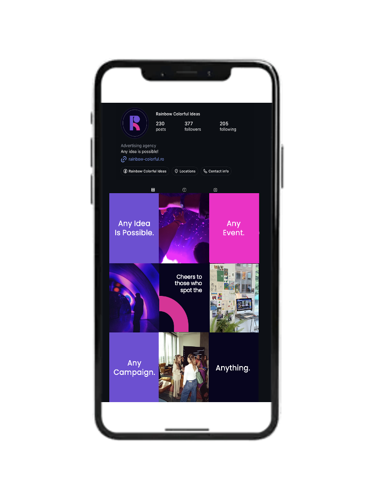 Instagram profile page of Rainbow Colorful Ideas with 230 posts, 377 followers, and 205 following, showing a grid of colorful promotional images and text about ideas, events, campaigns, and creativity.