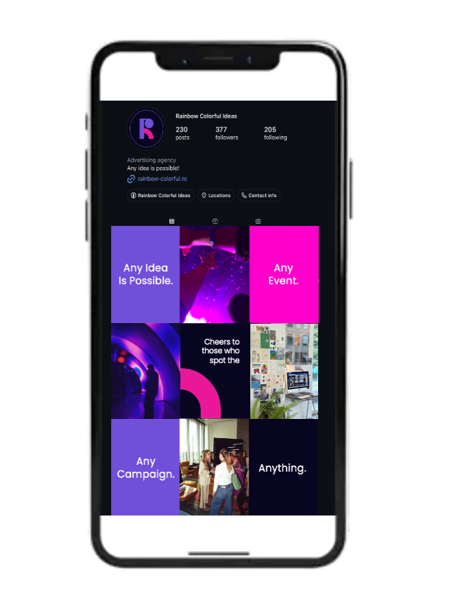 Instagram profile page for Rainbow Colorful Ideas displayed on a smartphone screen.
