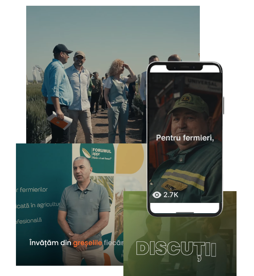 A group of people at an outdoor agricultural event with banners, listening and talking, with a smartphone showing a man in a cap and green jacket, and the text 'Pentru fermieri,' on the screen.