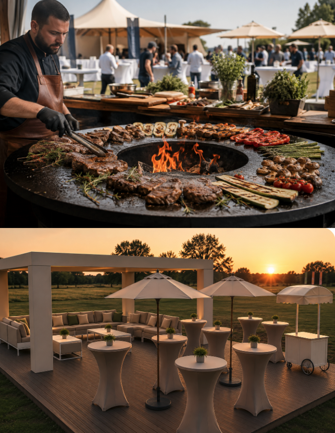Outdoor event with a chef cooking steak and vegetables on a large round grill, and a sunset view with standing tables and umbrellas on a patio.