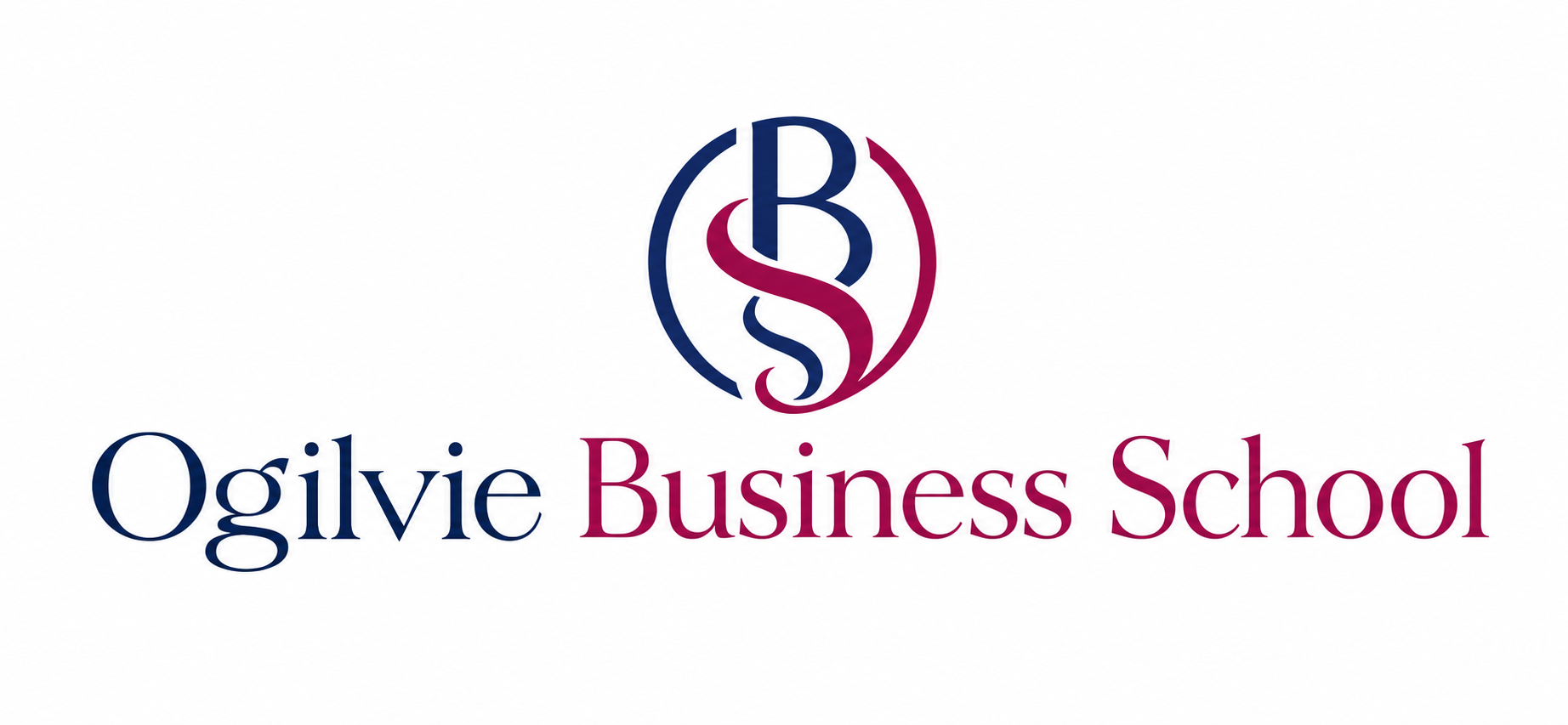 Ogilvie Business School logo featuring a stylized monogram with the letters OB and S in dark blue and maroon colors, with the school name written below in matching colors.