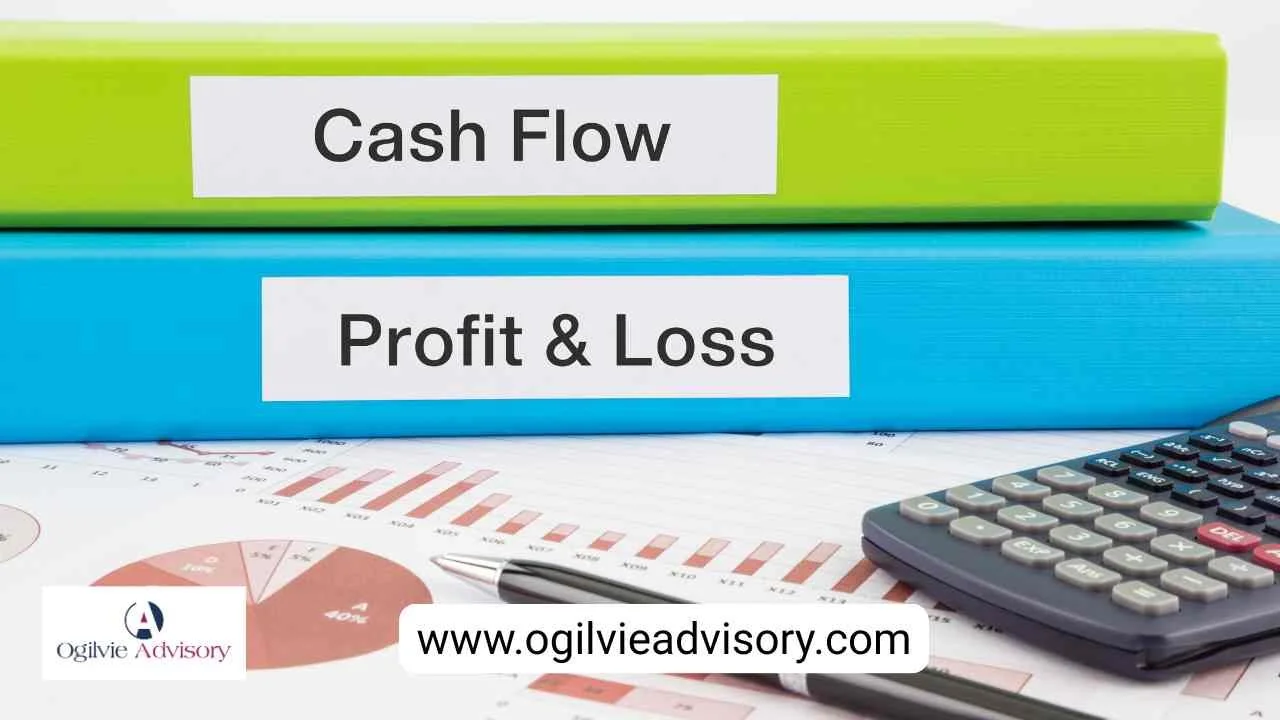 A cashflow and profit and loss folder for turnaround consultancy work with an Ogilvie Advisory Logo
