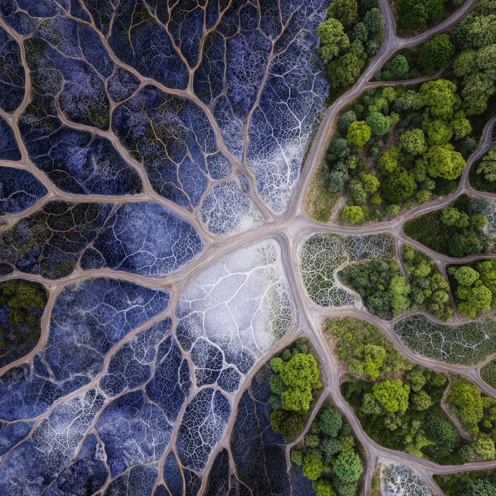 Vista aérea de caminos y árboles en una zona rural. La imagen muestra caminos de tierra que conectan diferentes áreas de vegetación, con un contraste entre la vegetación verde a la derecha y zonas de suelo seco o árido en la izquierda.