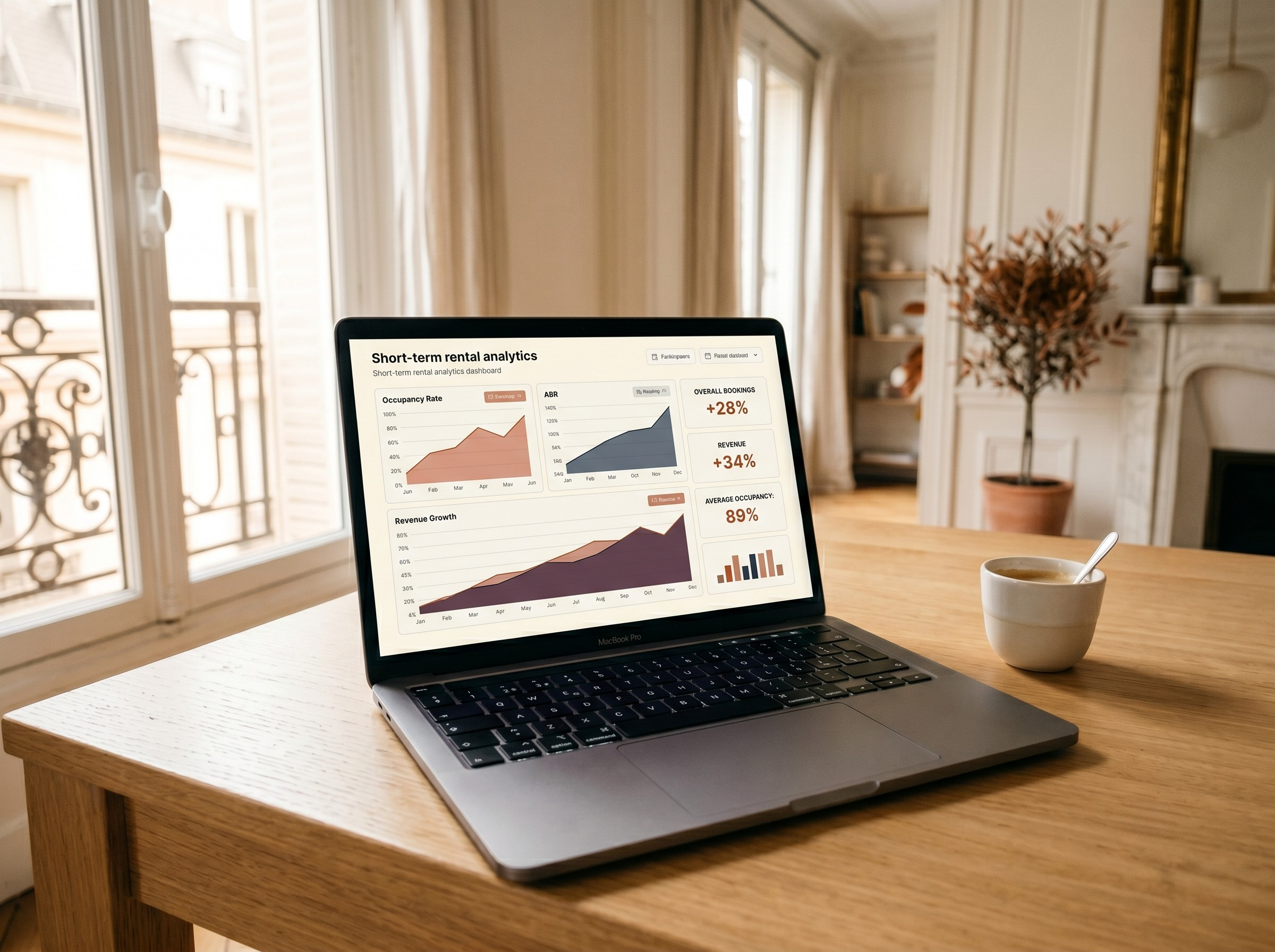 Un ordinateur portable sur une table en bois montre un tableau de bord analytique avec des graphiques et des pourcentages. À côté, une tasse à café blanche avec une cuillère est sur la table. La pièce est éclairée par la lumière naturelle des fenêtres avec des rideaux et une plante en pot en arrière-plan.
