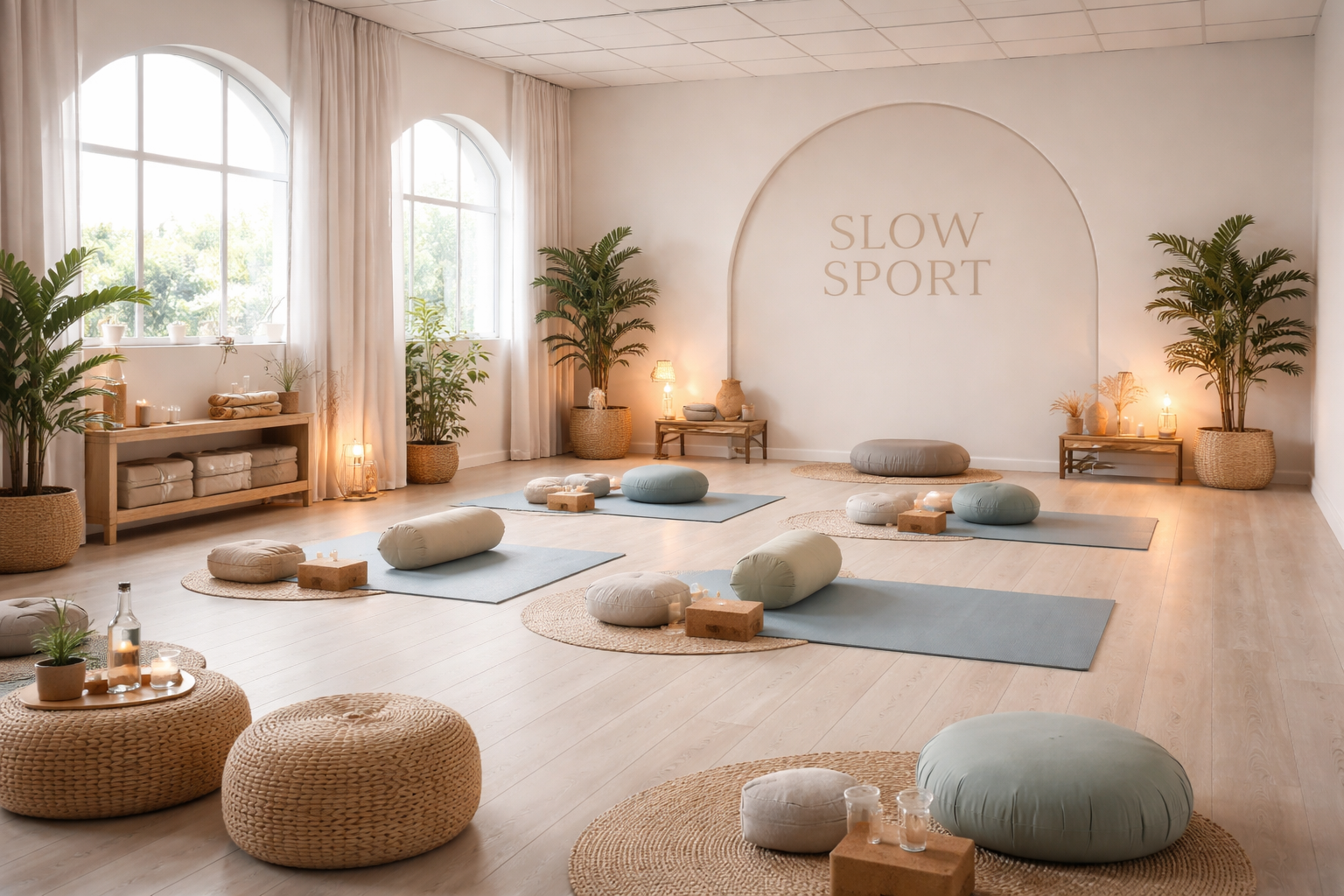 Salle de yoga avec tapis, coussins, bougies, plantes et décor minimaliste, ambiance calme et chaleureuse