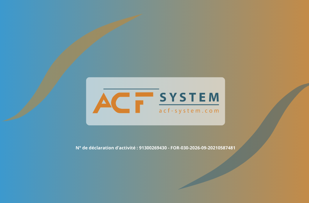 Logo de la société ACFSYSTEM avec son site web acf-system.com sur un fond dégradé bleu, vert, et beige, avec des vagues de couleur sur les côtés, et des informations légales en bas.
