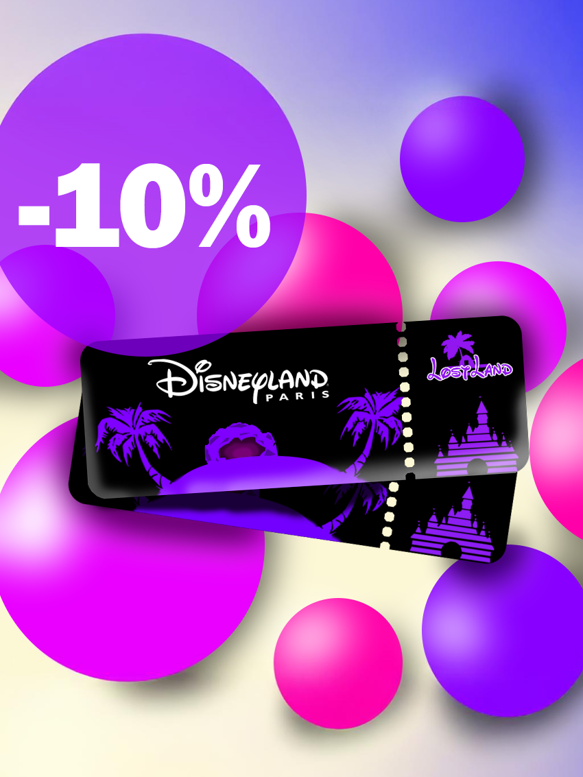 Ticket d'entrée Disneyland Paris avec design violet et noir, palmiers et châteaux en silhouette, promotion de -10%