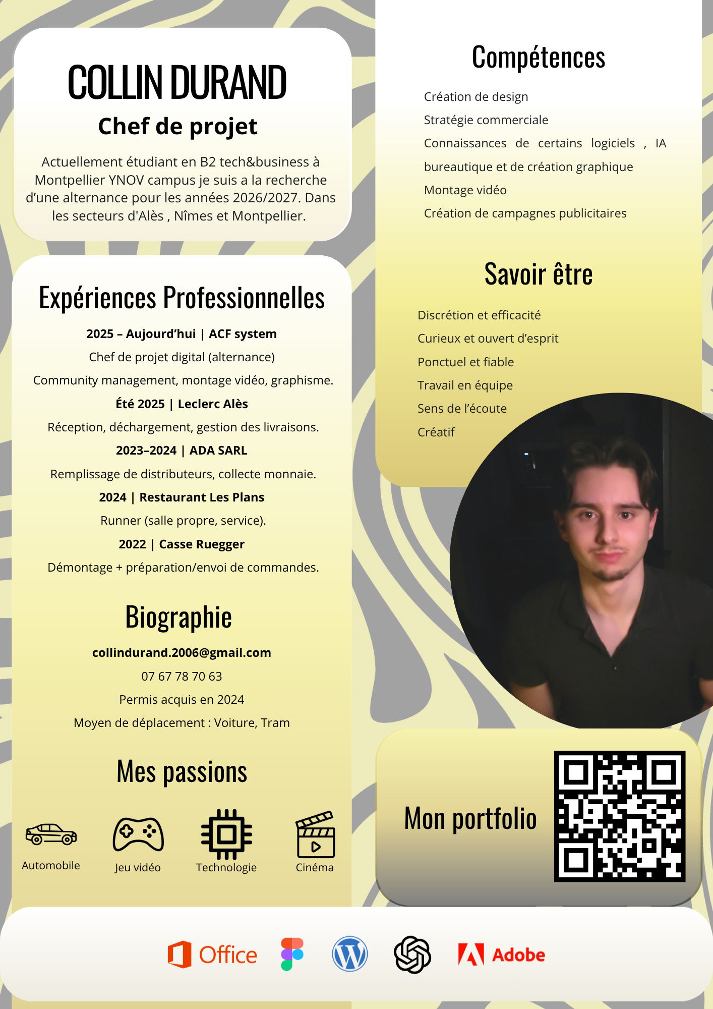 Curriculum vitae d'un jeune homme nommé Collin Durand avec photo, sections sur compétences, expérience professionnelle, passions, et portfolio, logos de logiciels et partenaires en bas.