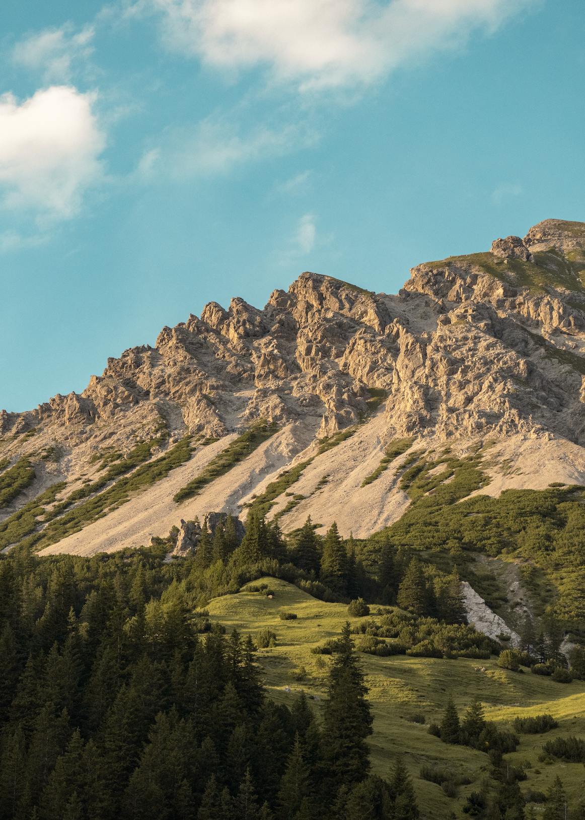 Sunlit mountain with rocky peaks and green forest below under a partly cloudy sky.