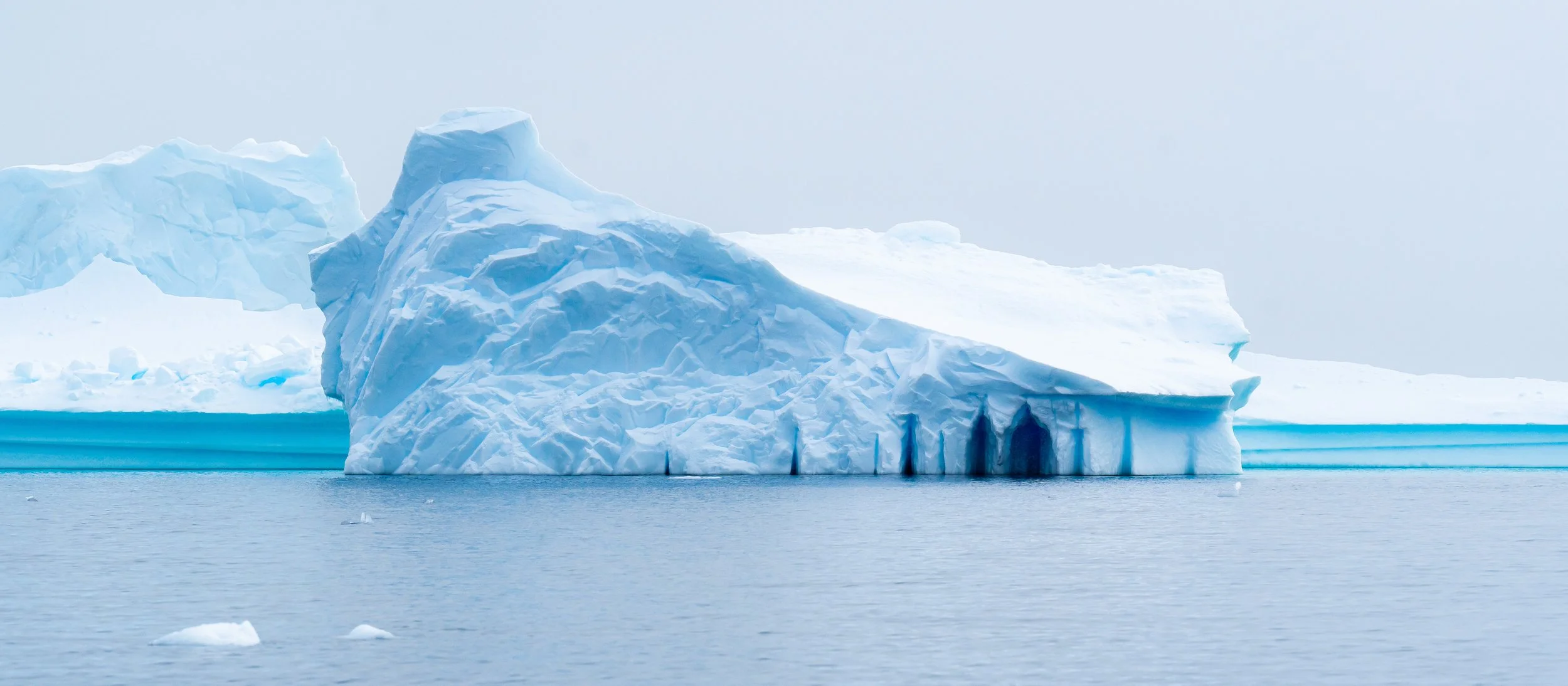 Large iceberg floating in icy water, with a flat top and a vertical face, against a cloudy sky.