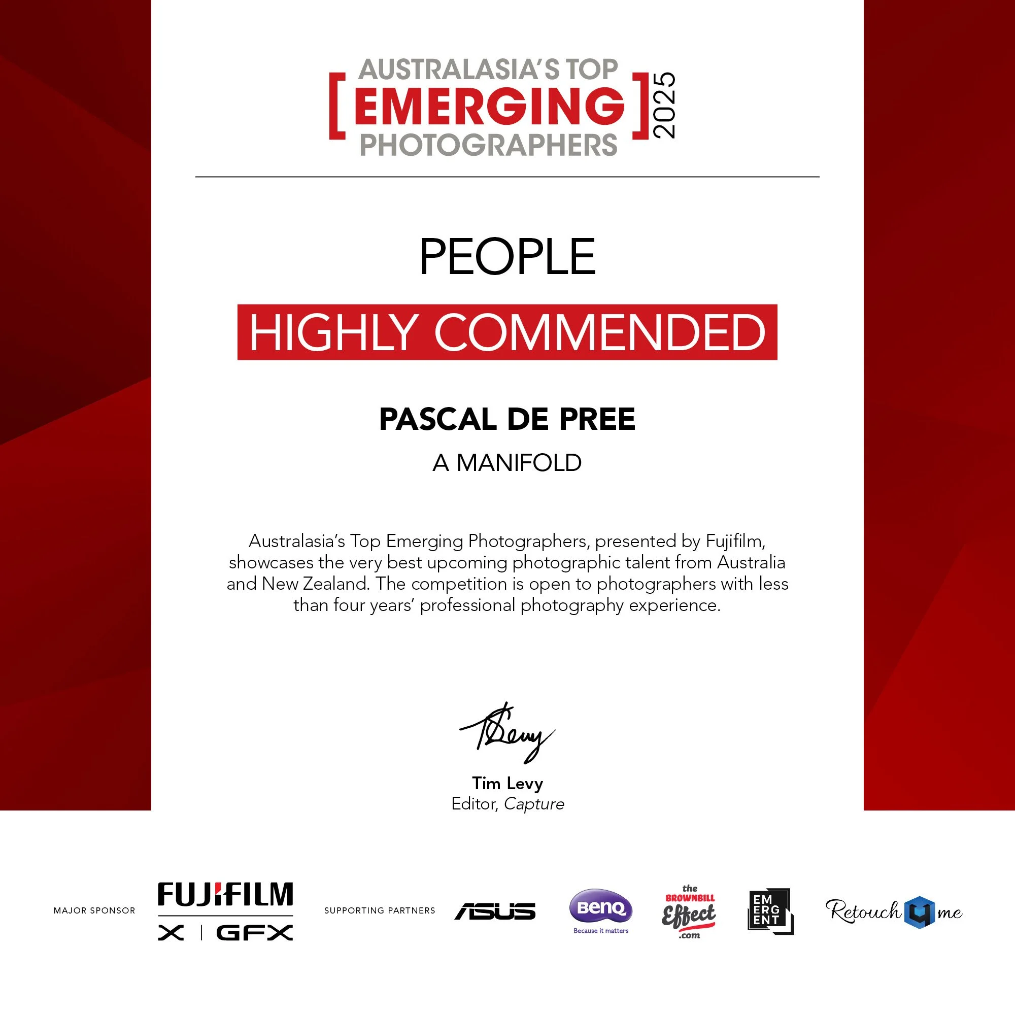 Certificate for Australia's Top Emerging Photographers 2022 awarded to Pascal de Pree, signed by Tim Levy, surrounded by logos of sponsors and partners.