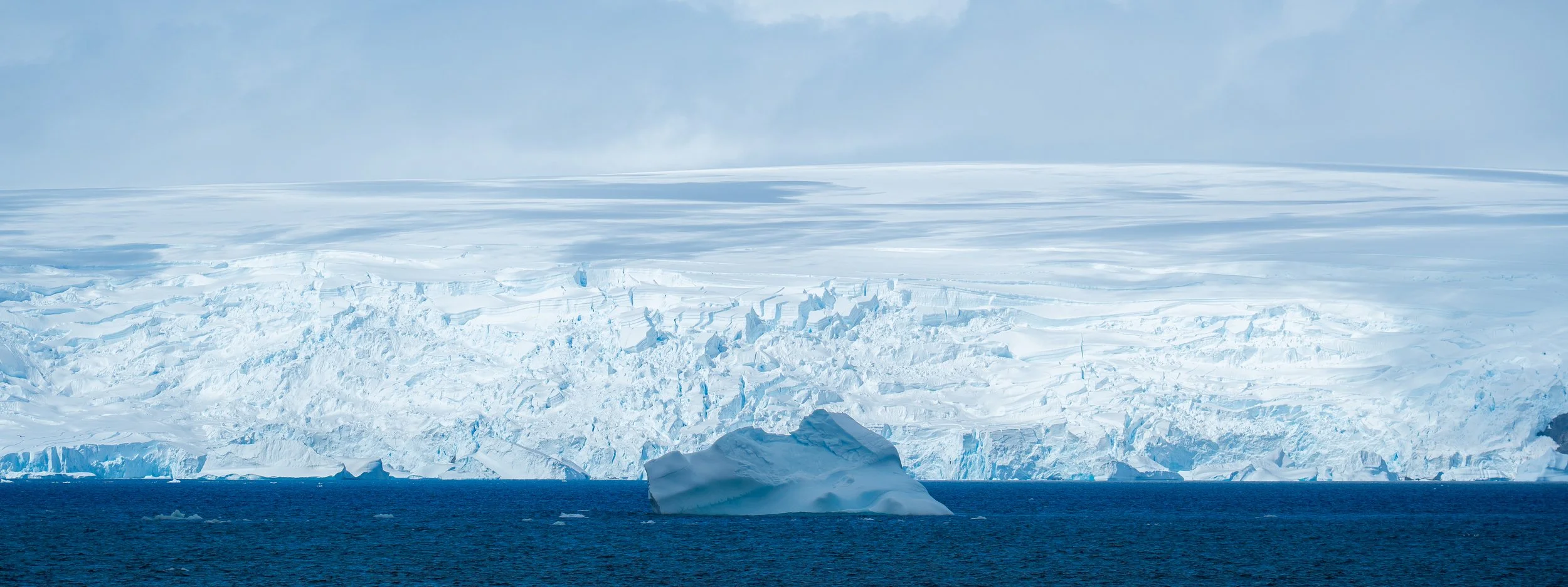 A large iceberg floating in the ocean, with a massive ice wall behind it under a cloudy sky.