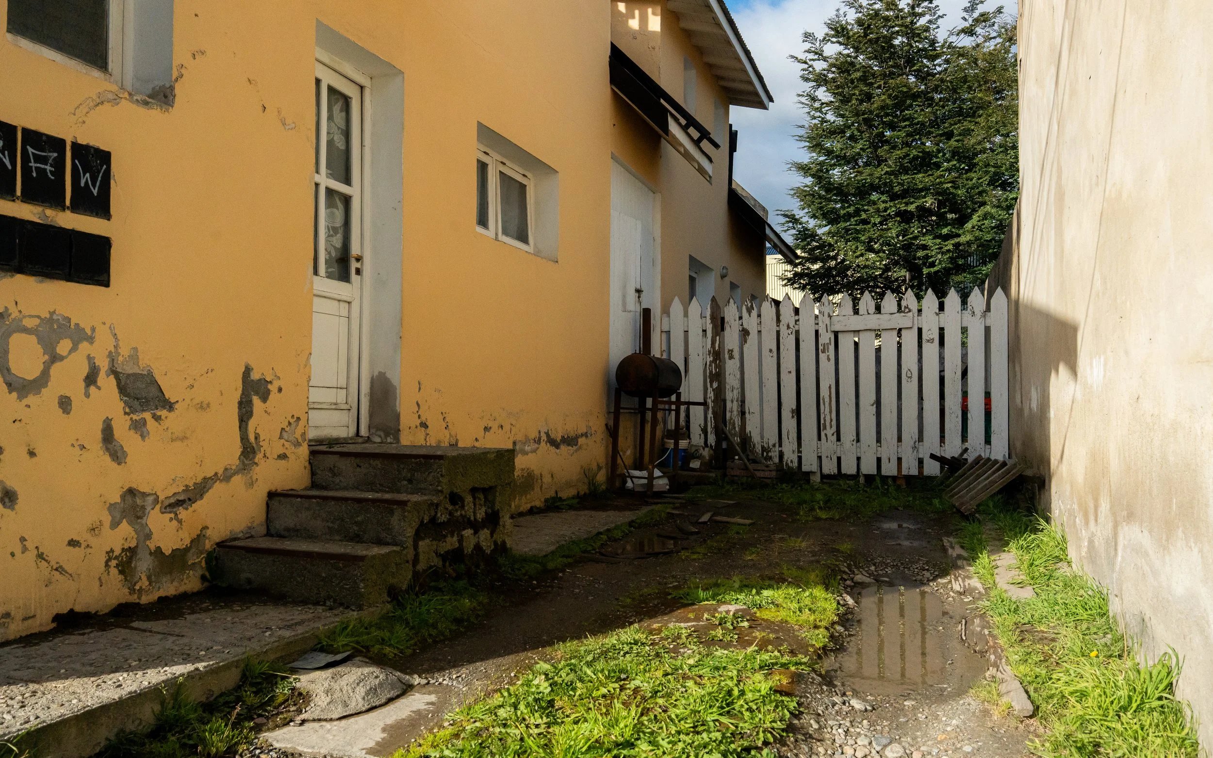 Backyard scene with a yellow house showing peeling paint, worn concrete steps, a white picket fence with paint chipping, a rusty grill, and a wet muddy ground with grass patches and small water puddles, backed by a green tree and cloudy sky.