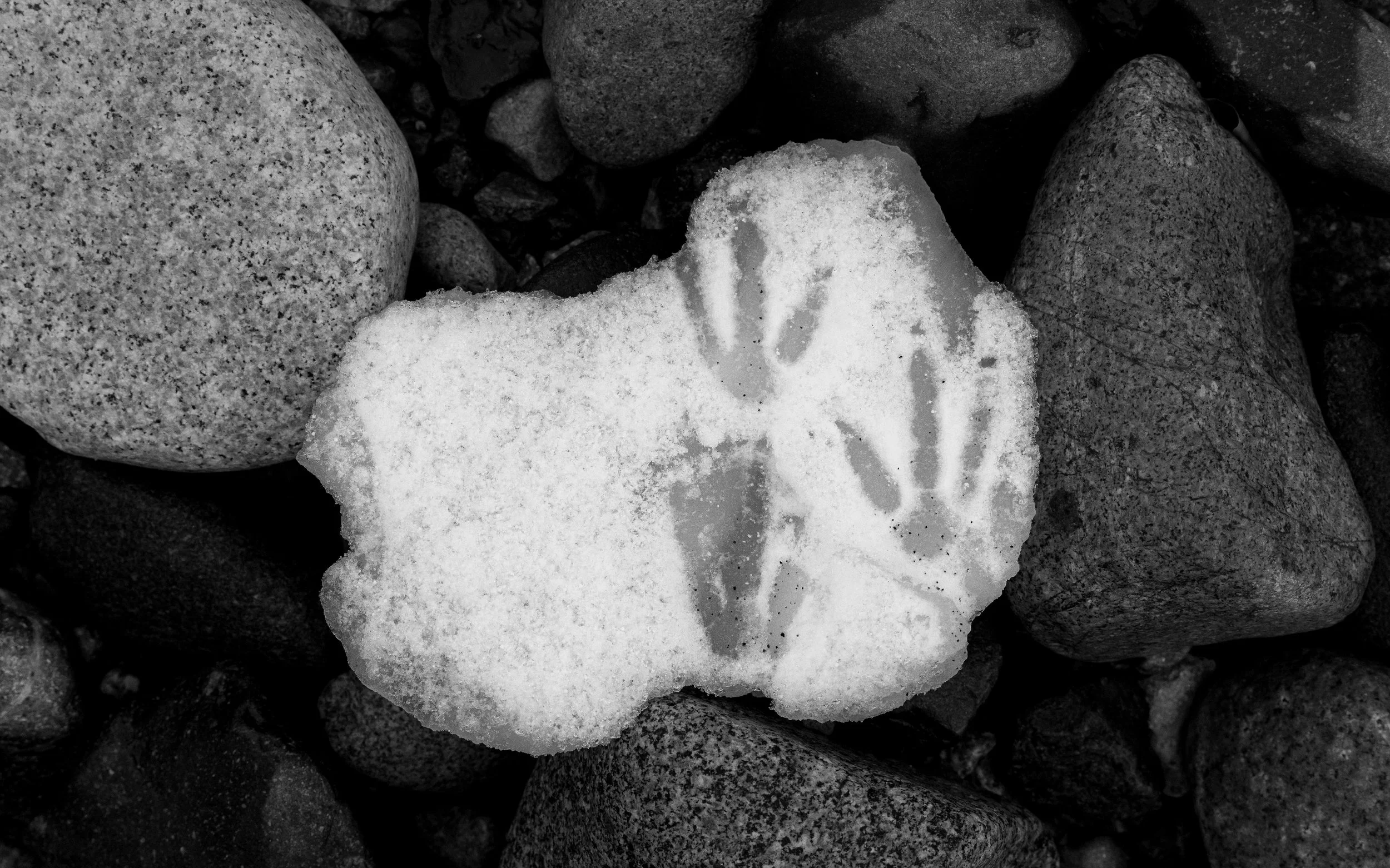 A black and white photo of a rock with the word 'LOVE' carved into it, surrounded by other rocks.