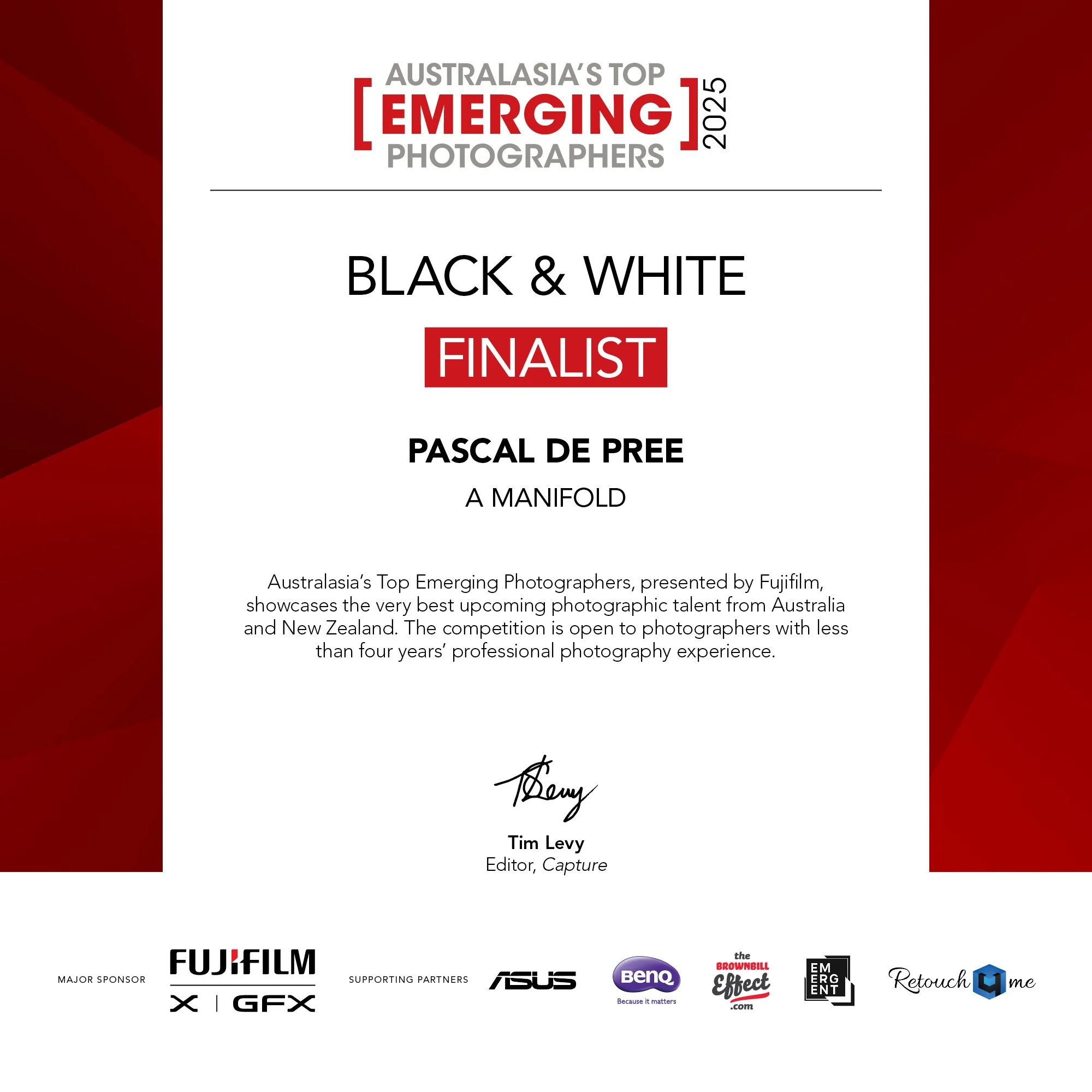 Certificate for the top emerging photographers in Australasian 2025, awarded to Pascal De Pree, signed by Tim Levy, editor of Capture, with logos of sponsors including Fujifilm, Asus, BenQ, Brown Bull Effect, Emg, Retouch, and others at the bottom.