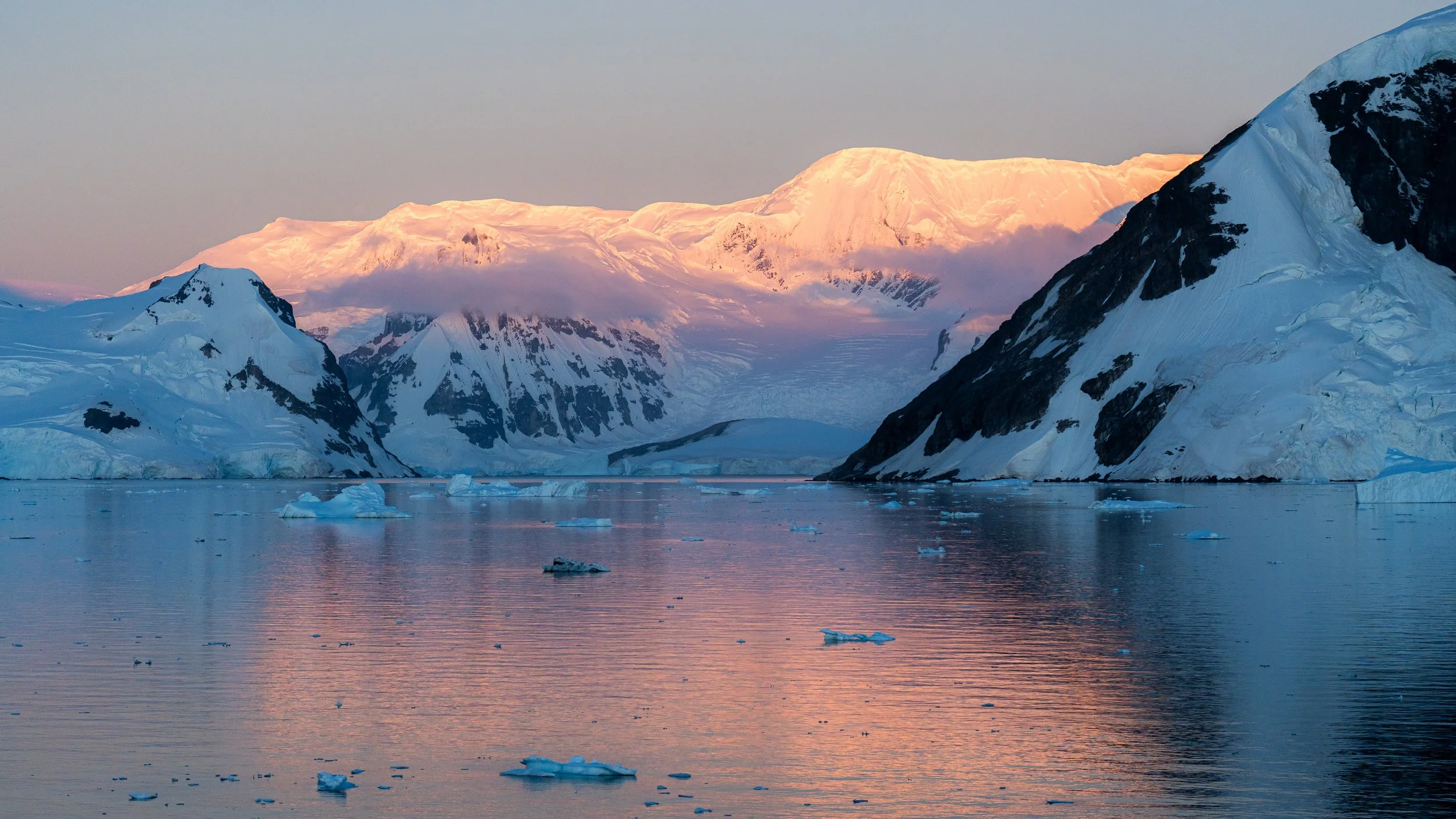 Snow-covered mountains reflected in calm water with floating ice, under a soft pink and blue sky.