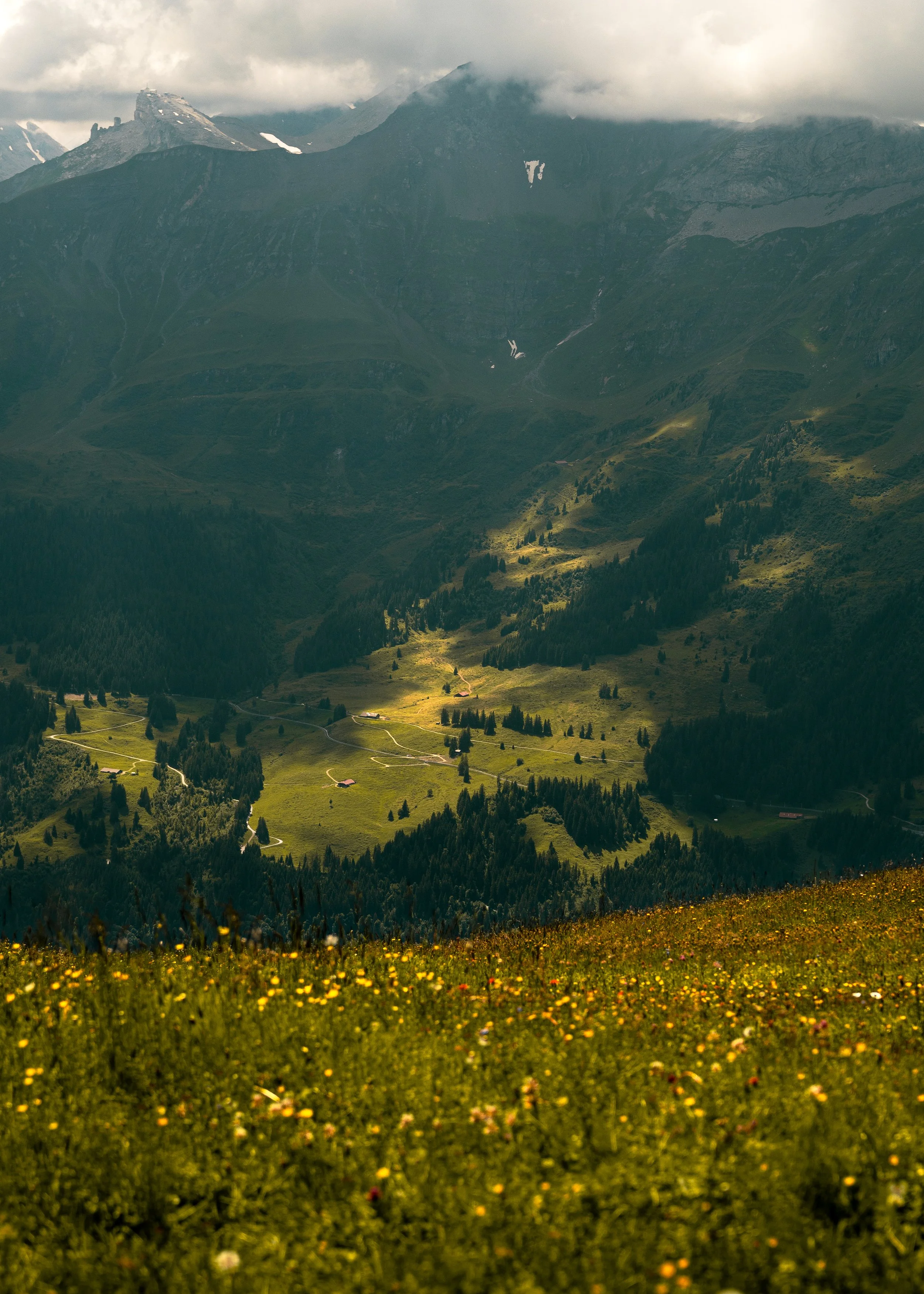 A lush green mountain valley with small houses, winding roads, trees, and a backdrop of tall, rugged mountains with cloud cover.