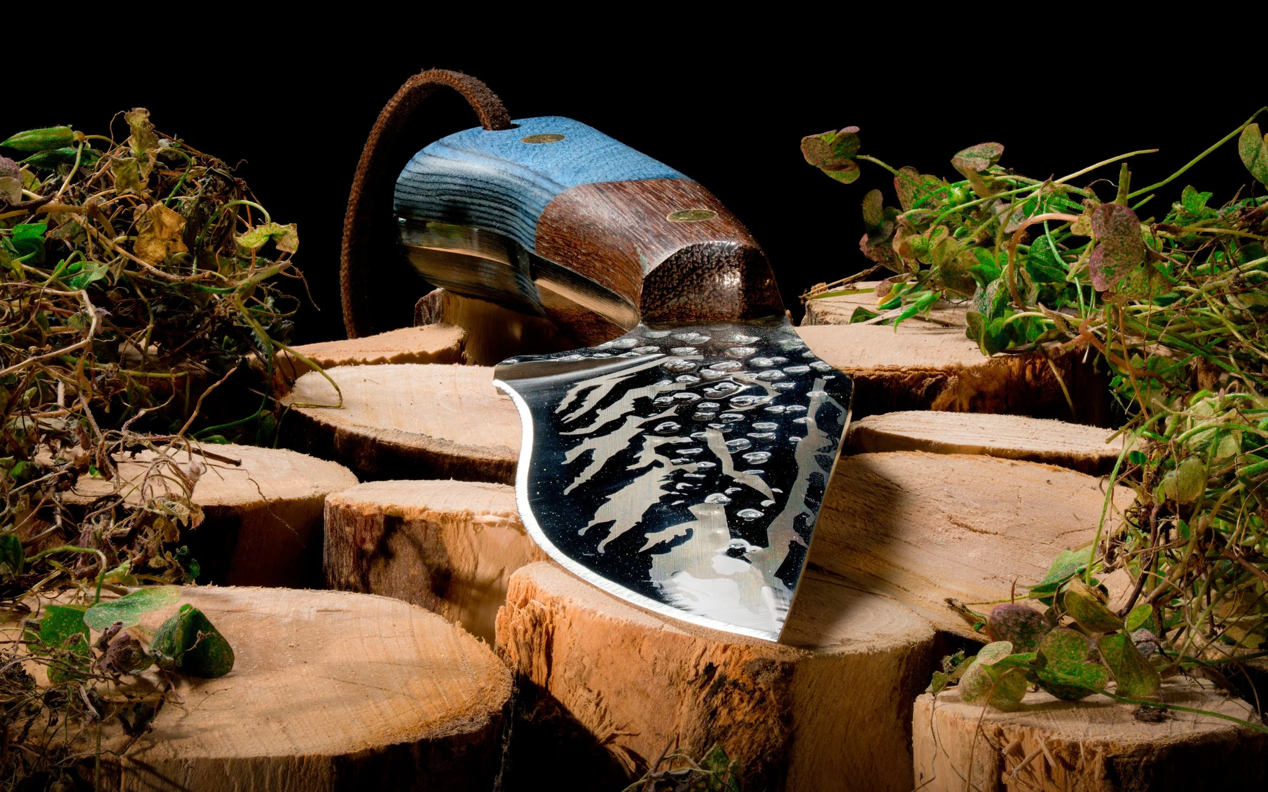 A hatchet embedded in a stack of wood with a patterned metal blade, surrounded by greenery and plant tendrils, with a black background.