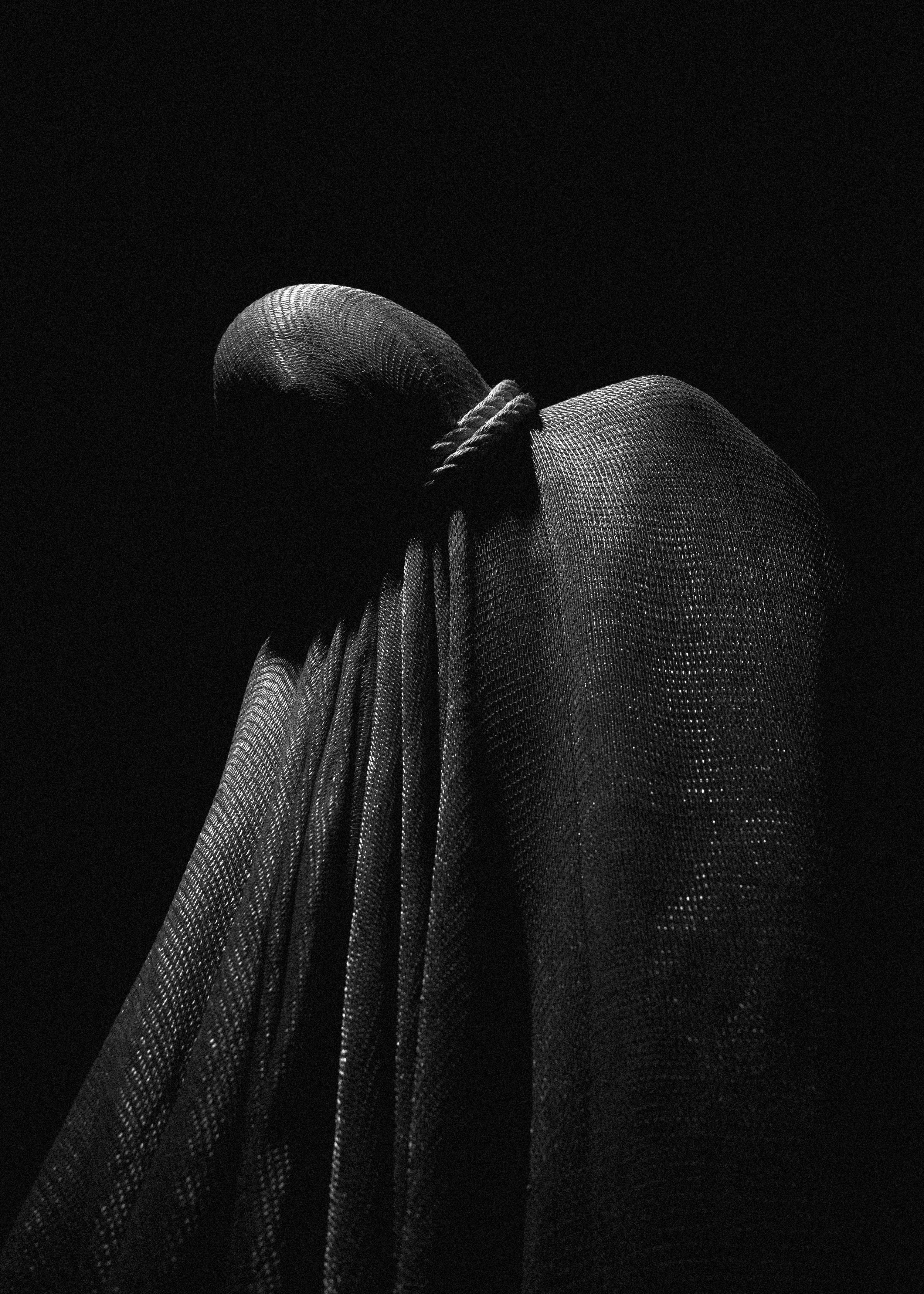 Close-up of a modern sculpture or installation with a textured, fabric-like surface, illuminated in black and white against a dark background.
