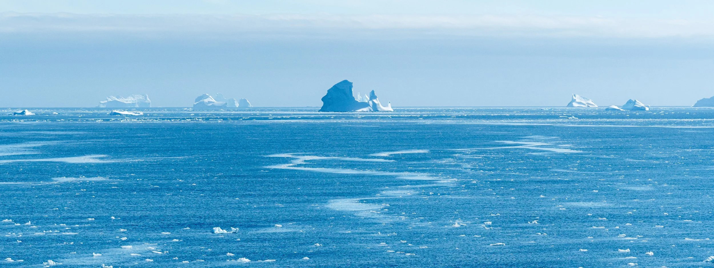 A vast icy ocean with scattered icebergs and floating ice, under a cloudy sky.